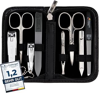 THREE SWEARD - 'Roma' Manicure Set - Nail Case with 8 Instruments: Nail Scissors, Cuticle Scissors, Toenail/Fingernail Clippers, Nail Cleaner, Tweezers, Glass Nail File, Sapphire Nail File - Black