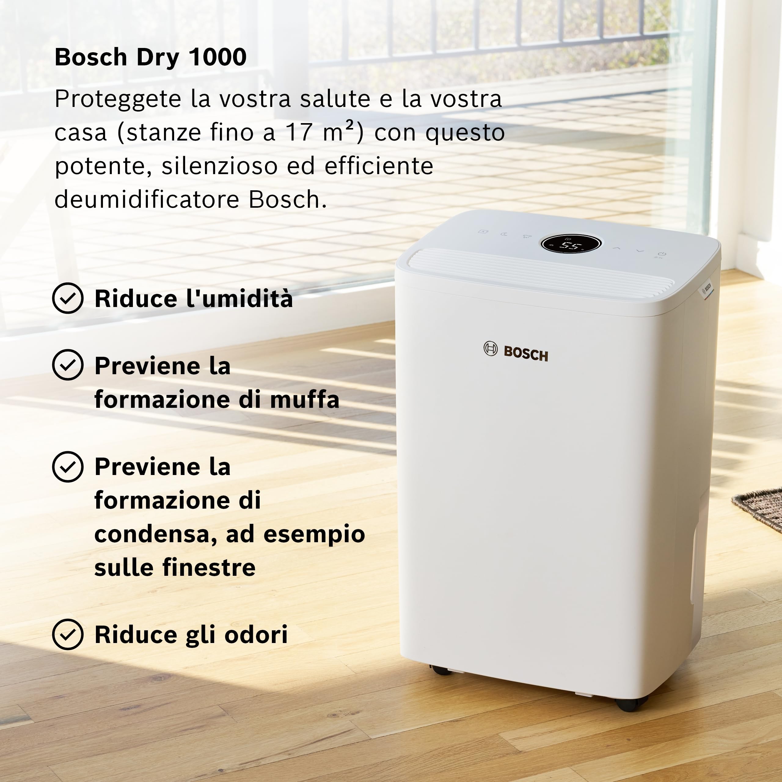 Bosch Dry 1000 - Deumidificatore - Facile. Efficiente. Tranquillo. Per la tua casa e la tua camera da letto - Per Stanze fino a 17 m² - Asciugatura rapida per il tuo bucato