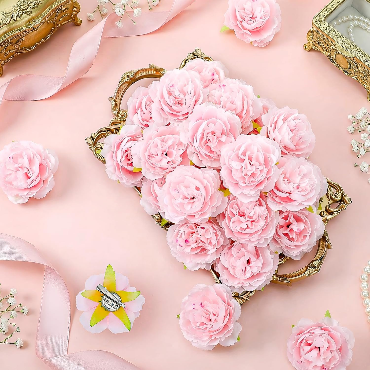 40 Pack Peony Flowers Hair Clip Set 3.1 Inch Flowers Hairpin Brooch Artificial Bridesmaid Pin up for Women Peony Hair Accessories Clothing Wedding Travel Birthday Party (Pink)