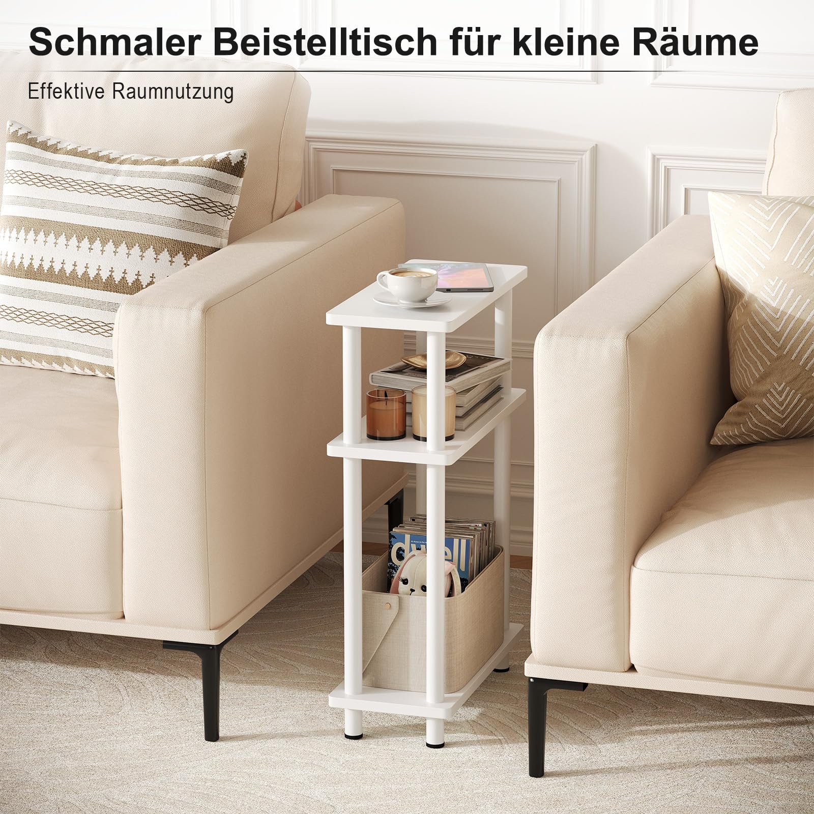 YOUDENOVA Mesa Auxiliar Sofa Estrecha, Mesa Auxiliar de 3 Niveles, Mesita Auxiliar Salon de Estar con Almacenamiento, Ideal para Sala de Estar, balcón, Dormitorio y Estudio, Blanco