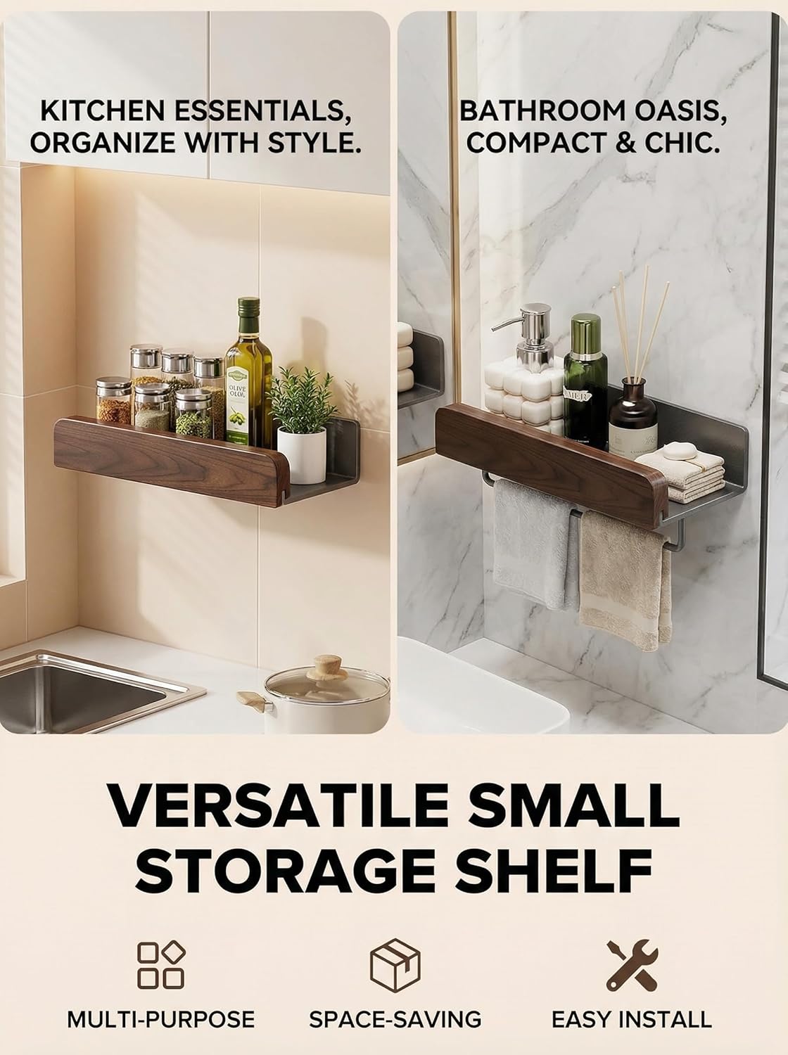 Wooden Wall Mounted Bathroom Organizer Shelf No Drilling Space Saving Storage Rack
