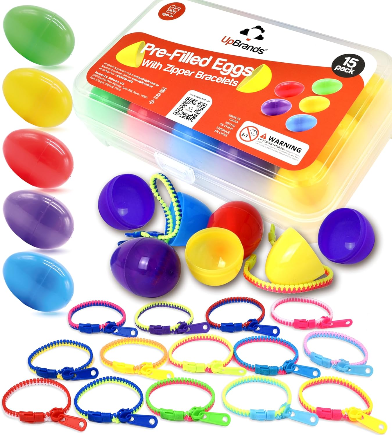 UpBrands 15 Pre-Filled Easter Eggs With Zipper Bracelets + 12 Fidget Zipper Bracelets - Perfect Easter Basket Stuffers, Egg Hunt Prizes, and Birthday Party Favors for Kids