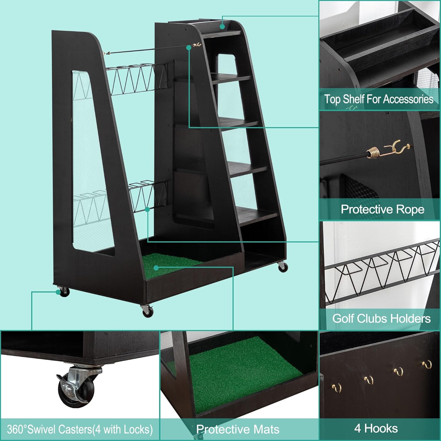 Premium Golf Bag Organizer for Garage – Wooden Golf Clubs Storage Rack Fits 2 Golf Bags, Ideal Golf Trunk Organizer for Car, Garage, Clubhouse, Shed & Basement(Black)