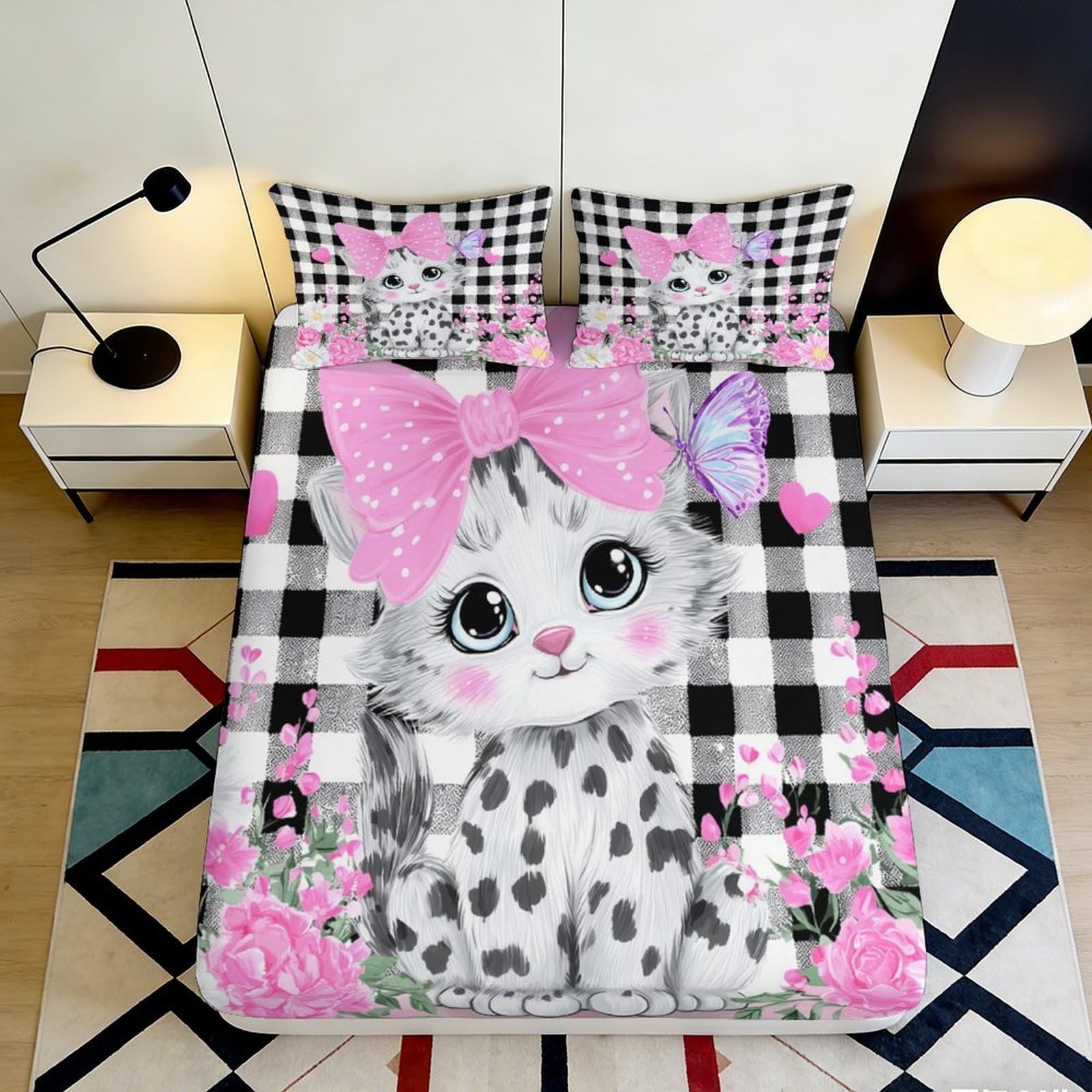 Ctjqhvmx Style-6 3D Printed Cute Cat Fitted Sheet Microfiber Deep Pocket Bedroom Bedding Plaid Cat Mattress Fitted Cover Non-Slip Wrap For Adults Teens 90X200x25cm 90X200x25cm