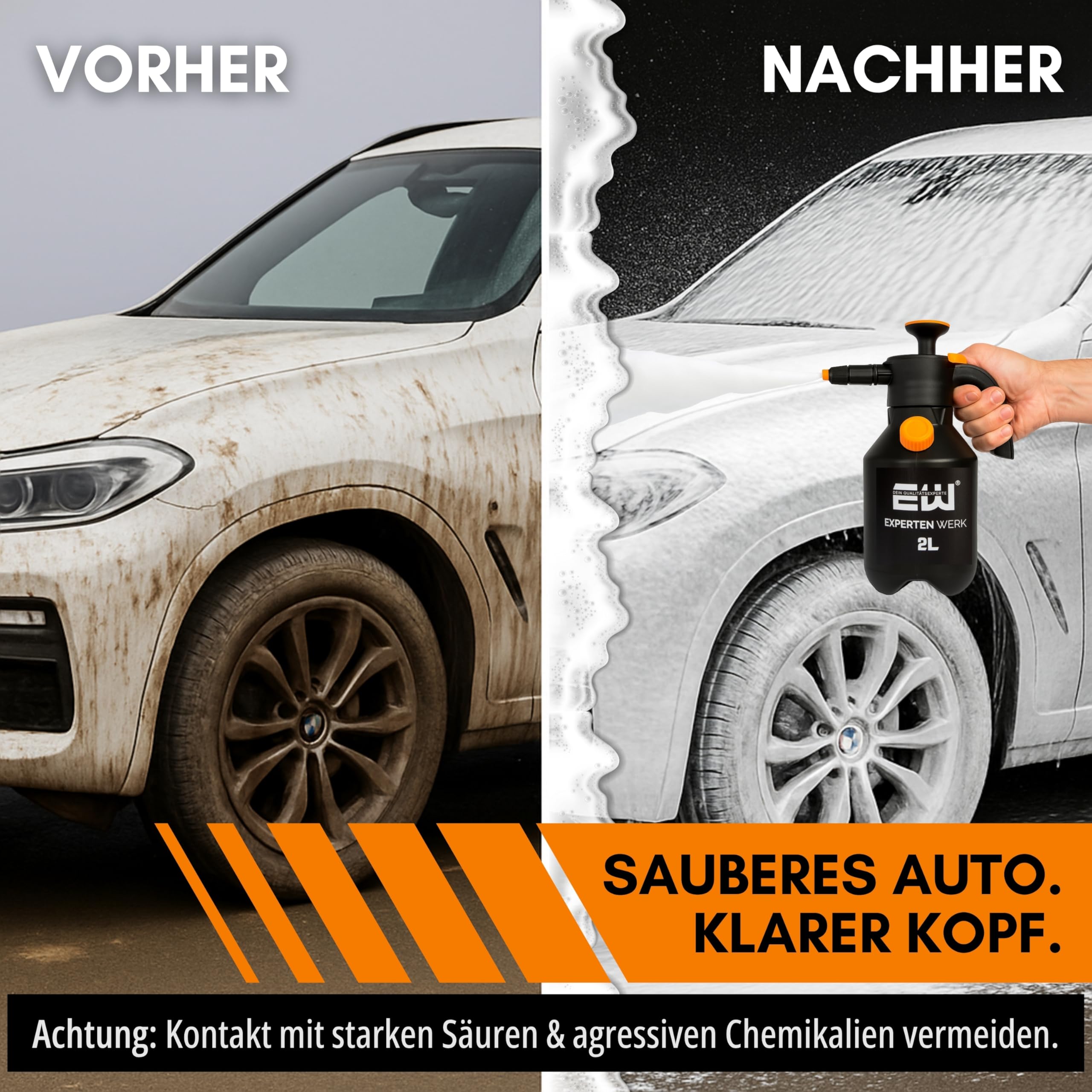 EXPERTENWERK Premium Schaumsprüher 2L - Drucksprüher mit individuell anpassbarem Schaum & Überdruckventil für Autowäsche. Auto Schaum-Sprüher, Pumpsprüher mit Schaumdüse für Kfz, Haushalt, Gartenmöbel
