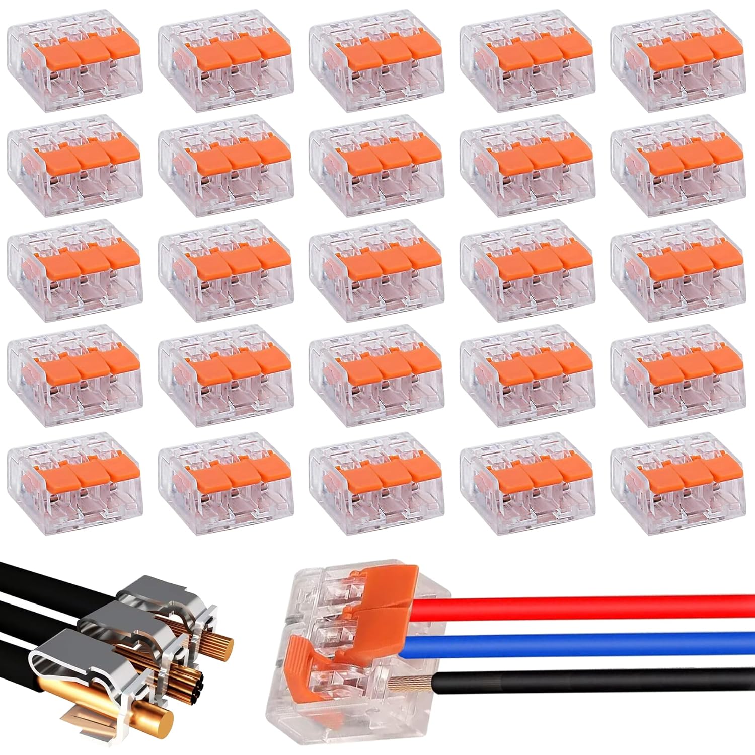 Bellox 25Pcs Cable Connectors Set with 3-Slot Configurations, Lever Nut Assortment Splicing Connector Kit Electrical Connectors DIY Compact Splicing Wire Connectors for AWG 24-12