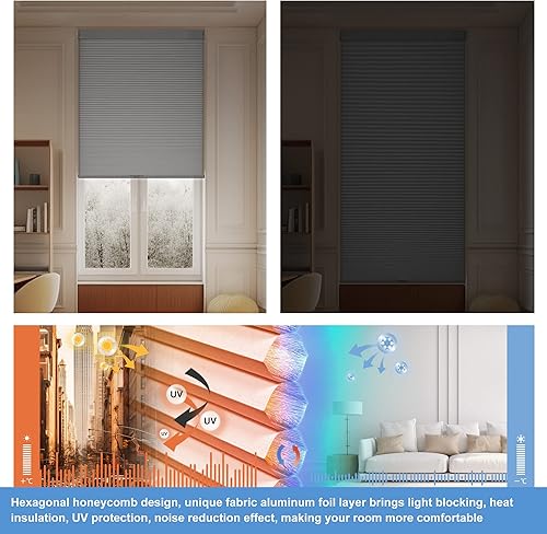 Miniatura 2 de Boolegon Persianas celulares opacas sin cordones con diseño de panal para ventanas, persianas de panal para puertas correderas, oficina, sala de