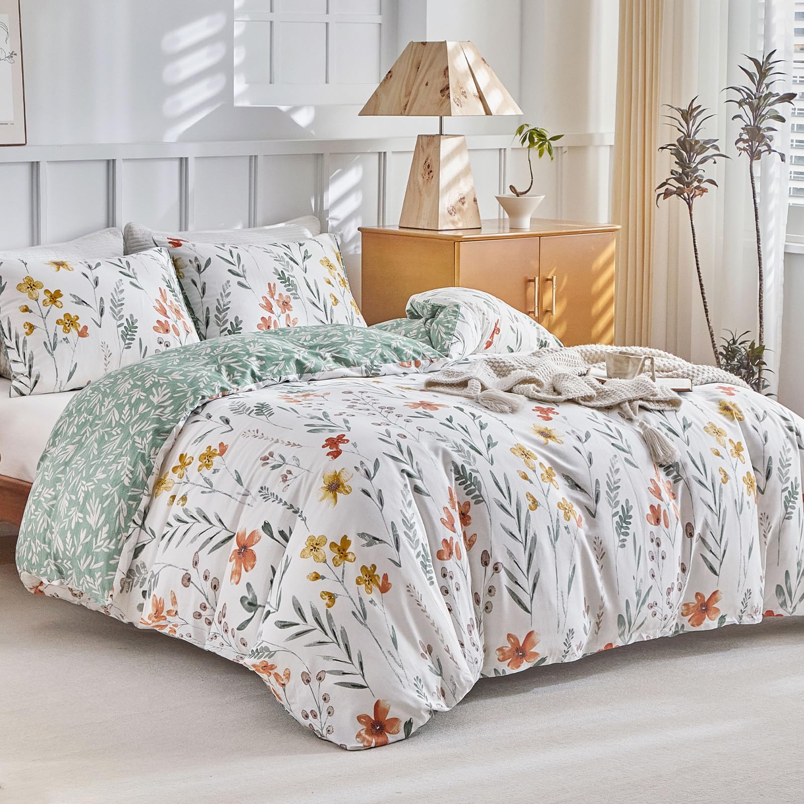 Tokokimo Beddengoed, 200 x 200cm, Katoen, Beddengoedset, 3-delig met Ritssluiting, Groen-Wit, Bloemen- en Bladeren Patroon, Dekbedovertrek 200 x 200cm met 2 Kussenslopen met Ritssluiting, 80 x 80cm