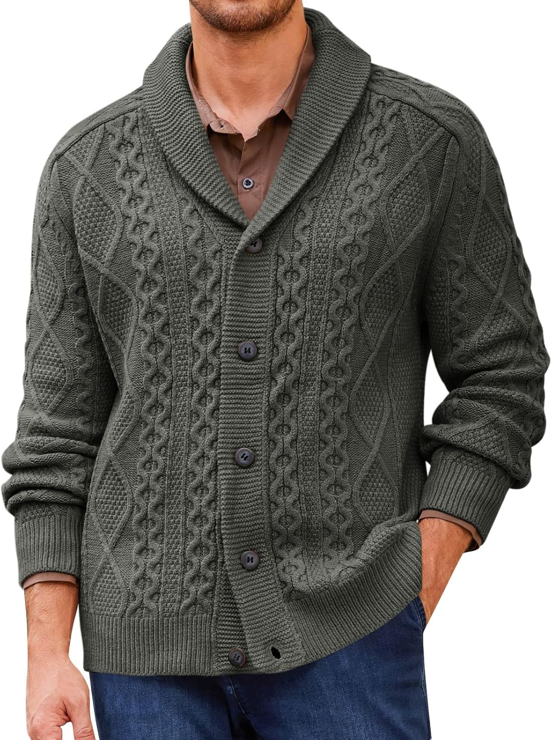 Runcati Mens Shawl Collar Cardigan Sweater Cable Knitted Button Down Sweaters Chunky Fall Winter Outwear