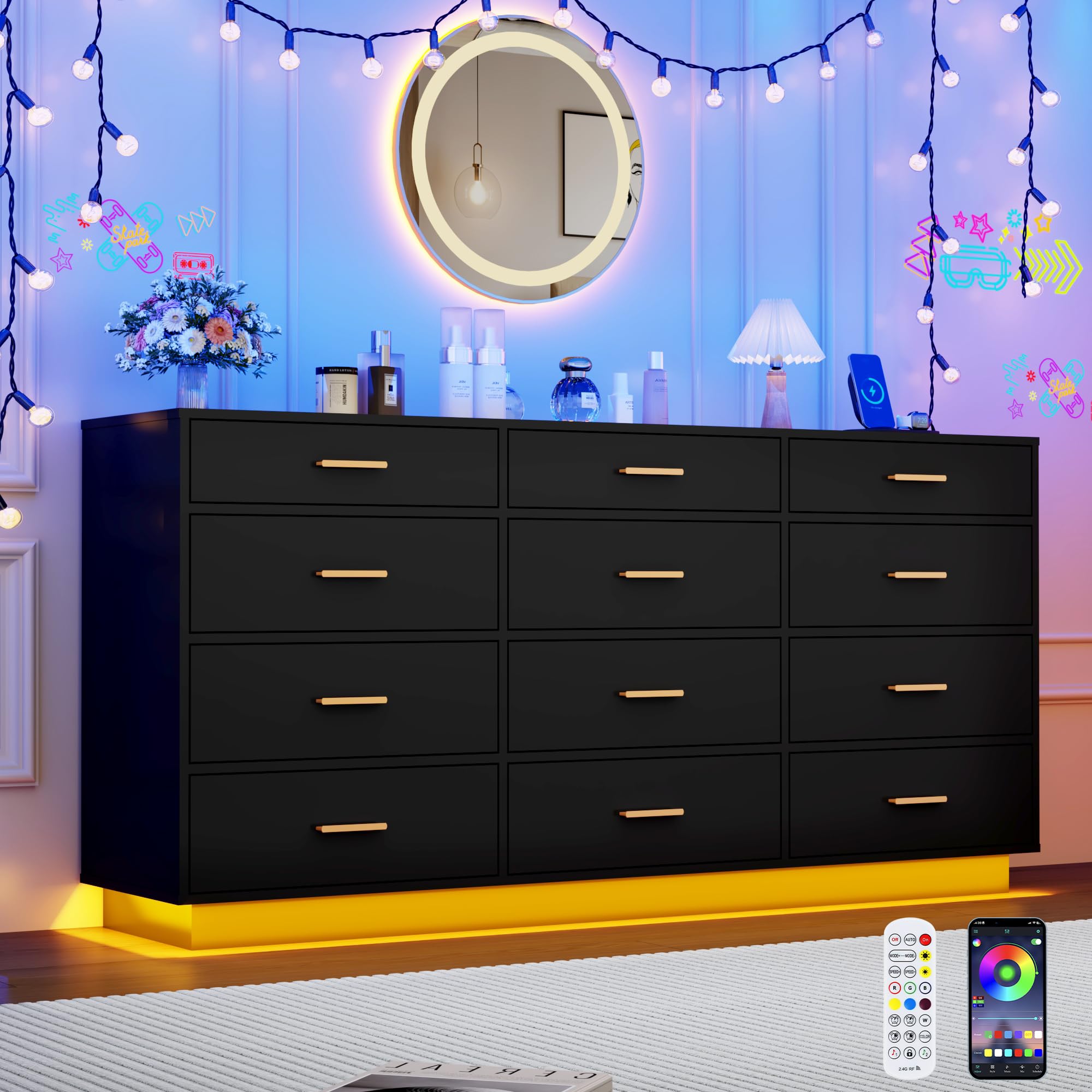 jiteentarou 63 Inch 12 Drawer Dresser with Power Outlets and 6000 Color LED Lights in Black