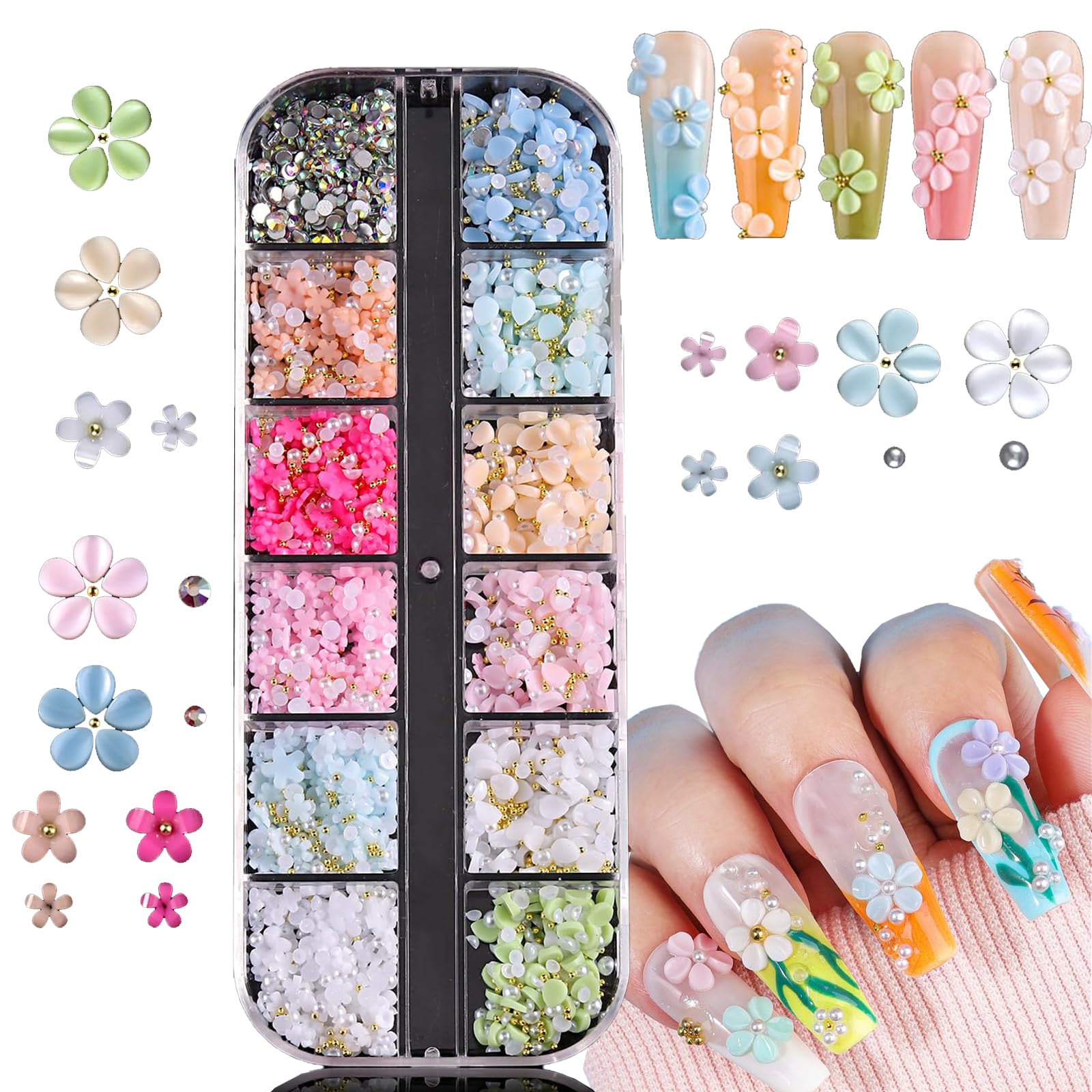 Nail Art Charms, 3D Blumen Nagelkunst Charms, Strasssteine Nägel, Bunte Acryl Blumen Nail Gems mit Pinzette, Nagel Edelsteine, Nagel Zubehör für Mädchen, Nageldekoration DIY Nail Art Crafts