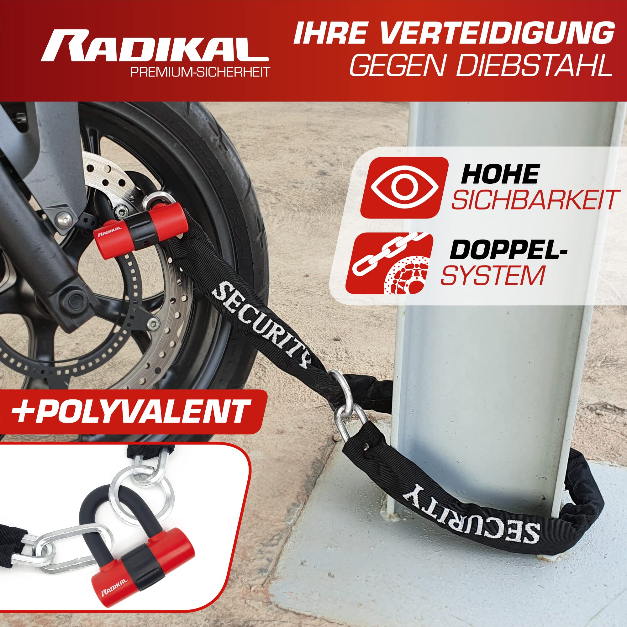 RADIKAL RK72120L Diebstahlsicherung Motorrad 2 in 1 Doppelfunktion Kettenschlaufe 120 cm und Mini U Bügelschloss 14mm Bremsscheibenschloss