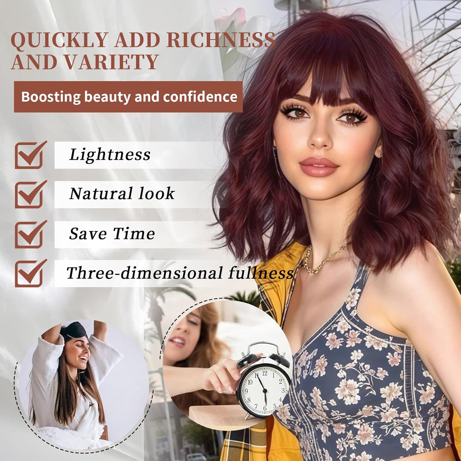 Lativ Wine Red Wig With Bangs Bob Wigs for Women Short Wavy Curly Shoulder Length 14 Inches Synthetic Hair for Halloween Costumes Cosplay Daily Use - Image 3