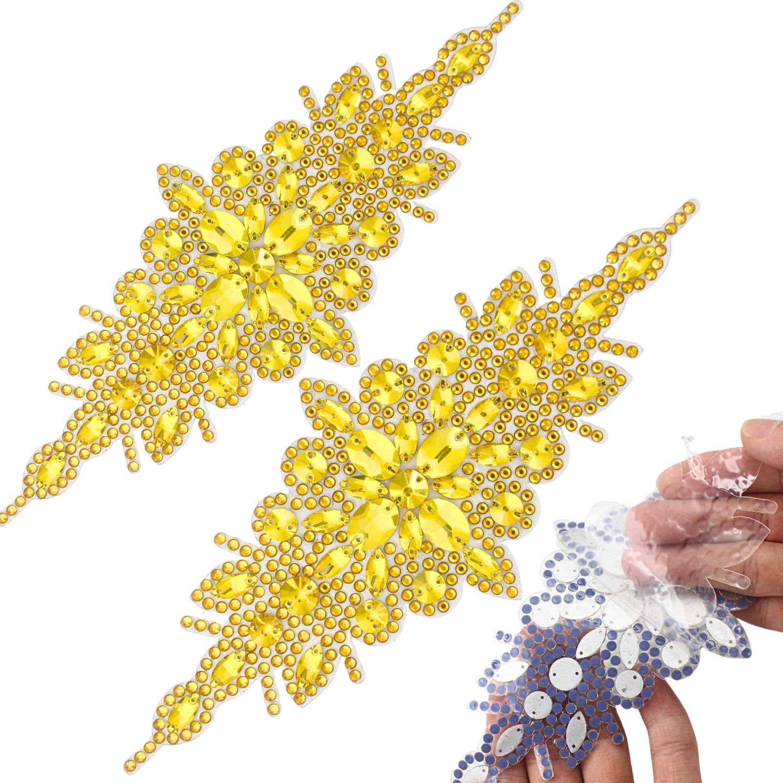 PEARLY JUN 2Pcs Self Adhesive Crystal Rhinestone Applique Gold Iron on Rhinestone Transfers Clothing Diamond Embellishments DIY for Bridal Wedding DIY Dress Fabric Accessories
