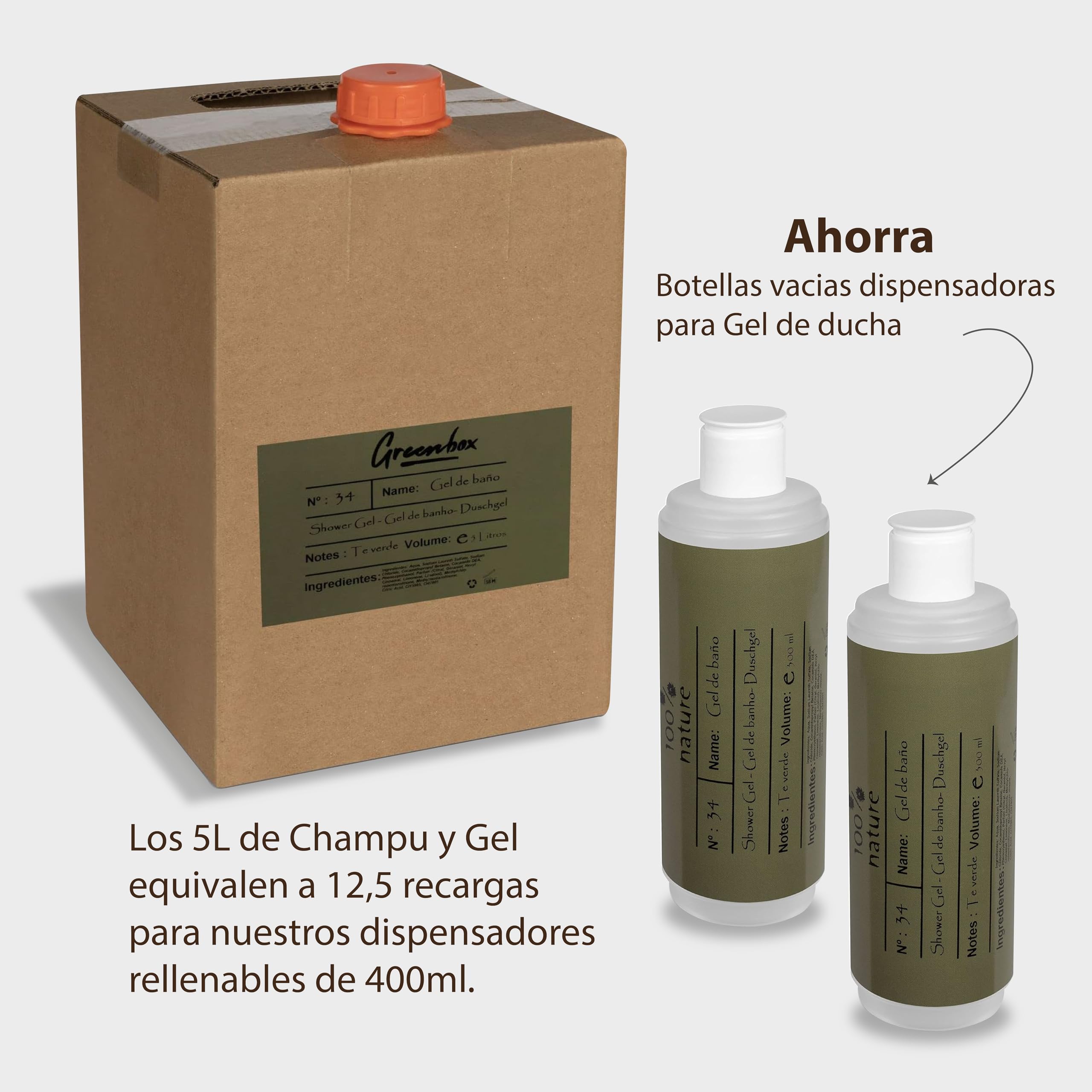 Ricarica gel doccia in "bag in box" BIO - gel doccia idratante all'aroma di tè verde, 5L. Imballaggio ecologico e maniglia per il trasporto. Risparmia denaro e aiuta l'ambiente.