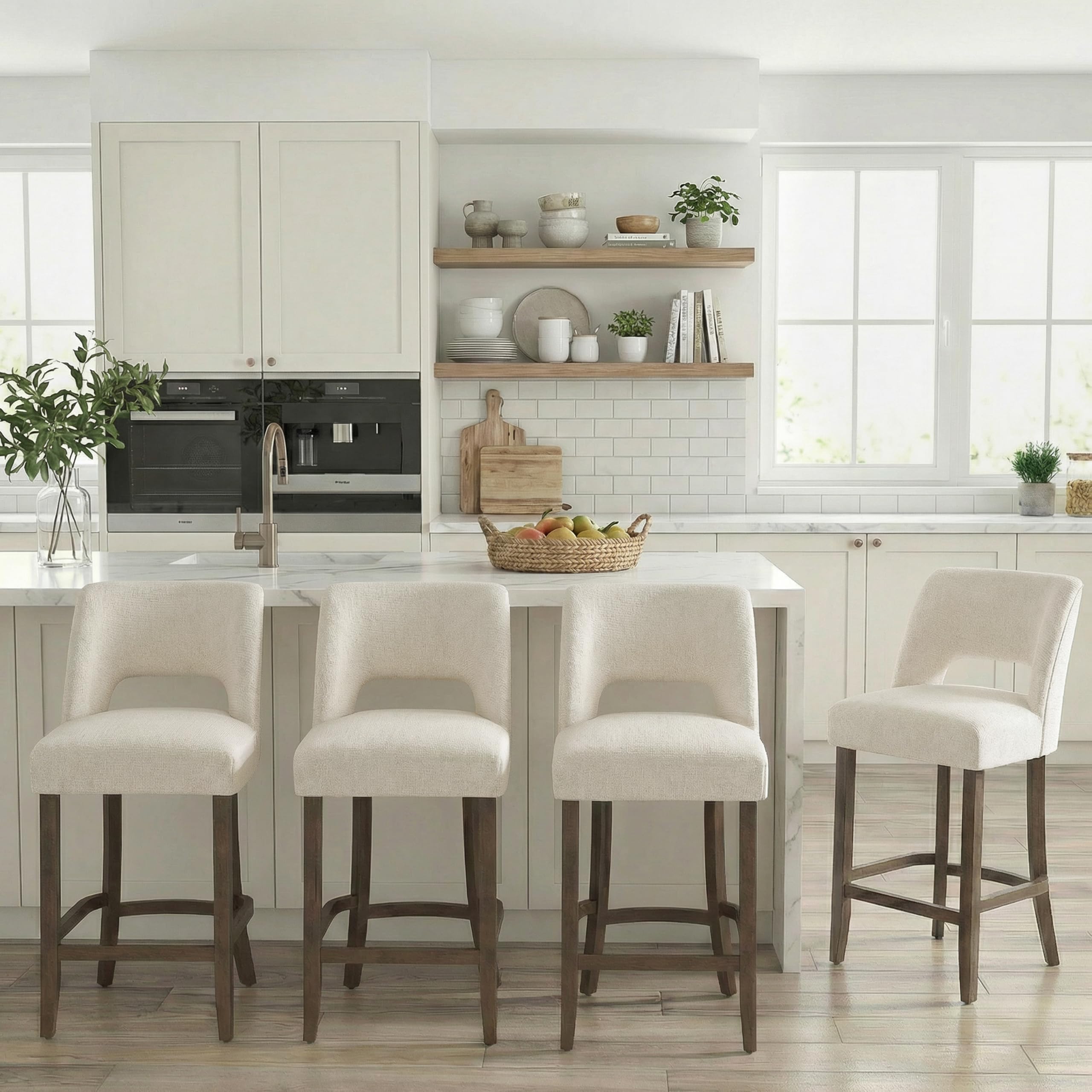 VKNOW Bar Stools Set of 4, 26" Fabric Counter Height Bar Stools, White