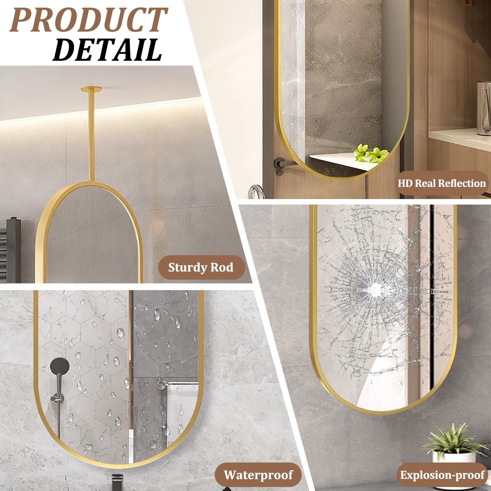 Miroir suspendu de plafond pour coiffeuse de salle de bain, grand miroir ovale mural pour maquillage et rasage avec cadre en métal doré et bras articulé - Bras articulé personnalisable (50 cm x 60 cm