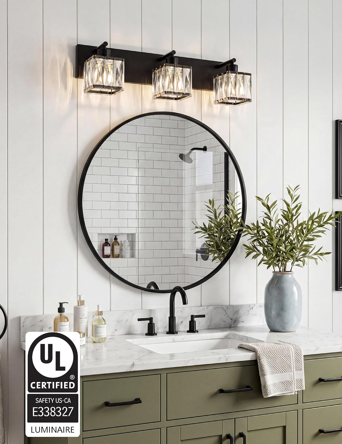 VOLISUN Black Bathroom Light Fixtures, Modern Bathroom Lighting Fixtures Over Mirror, 3 Light Bathrooms Vanity Light, Crystal Vanity Light for Bathrooms-UL Certificated(Exclude Bulb)