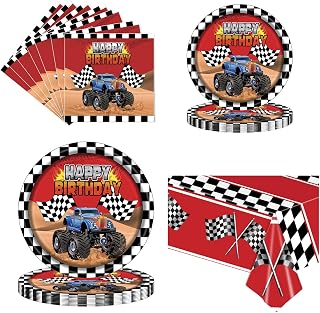 Racing Car Party Paper Plates and Napkins Supplies,Monster Truck Party Decorations,Disposable Racing Sports Themed Dinnerware for Kids Boys Truck Car Theme Birthday,Serve 25