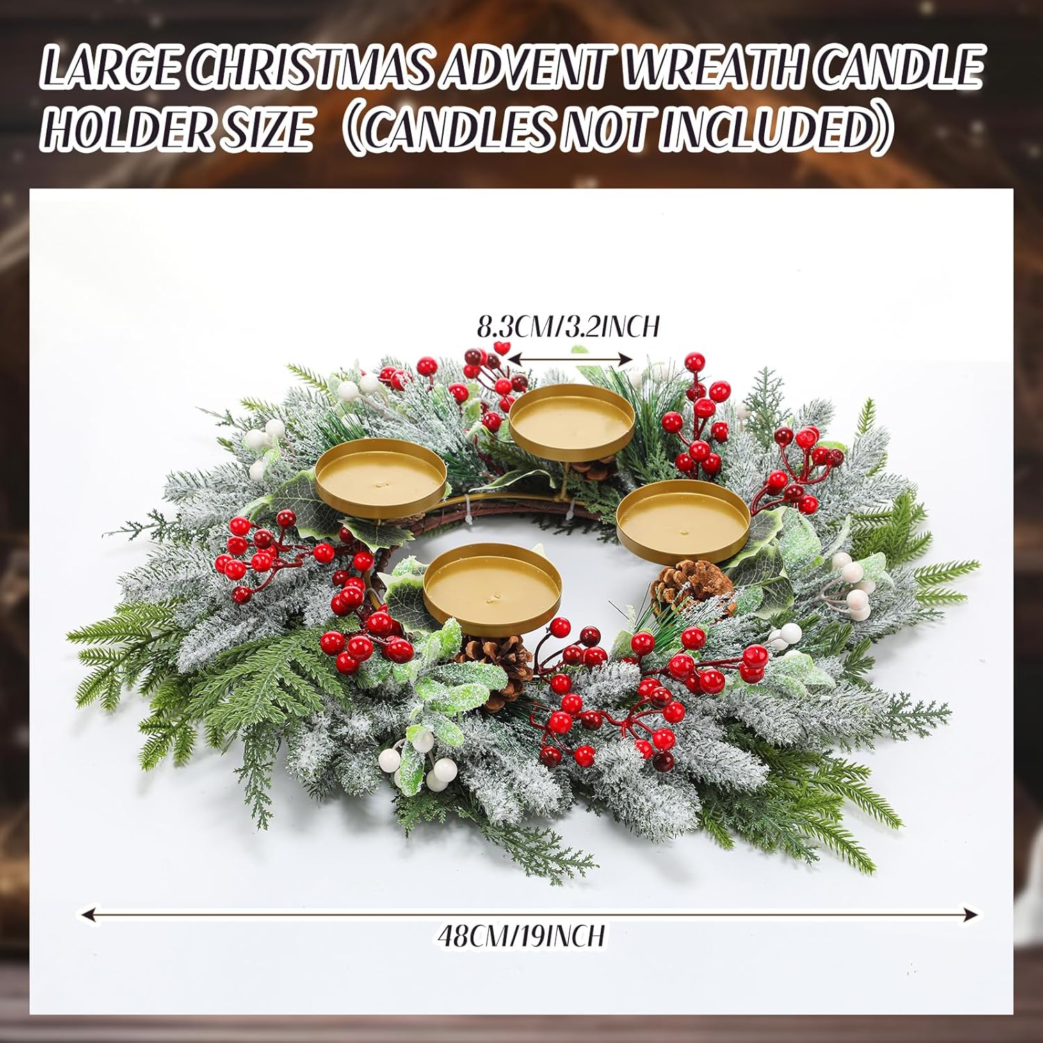 Large Christmas Advent Wreath Candle Holder with Norfolk Pine, Cedar, Mistletoe 19 Inch Rustic Advent Calendar Ring Decoration Stand for Gifts, Church, Home Decor(Red,Classic Style)