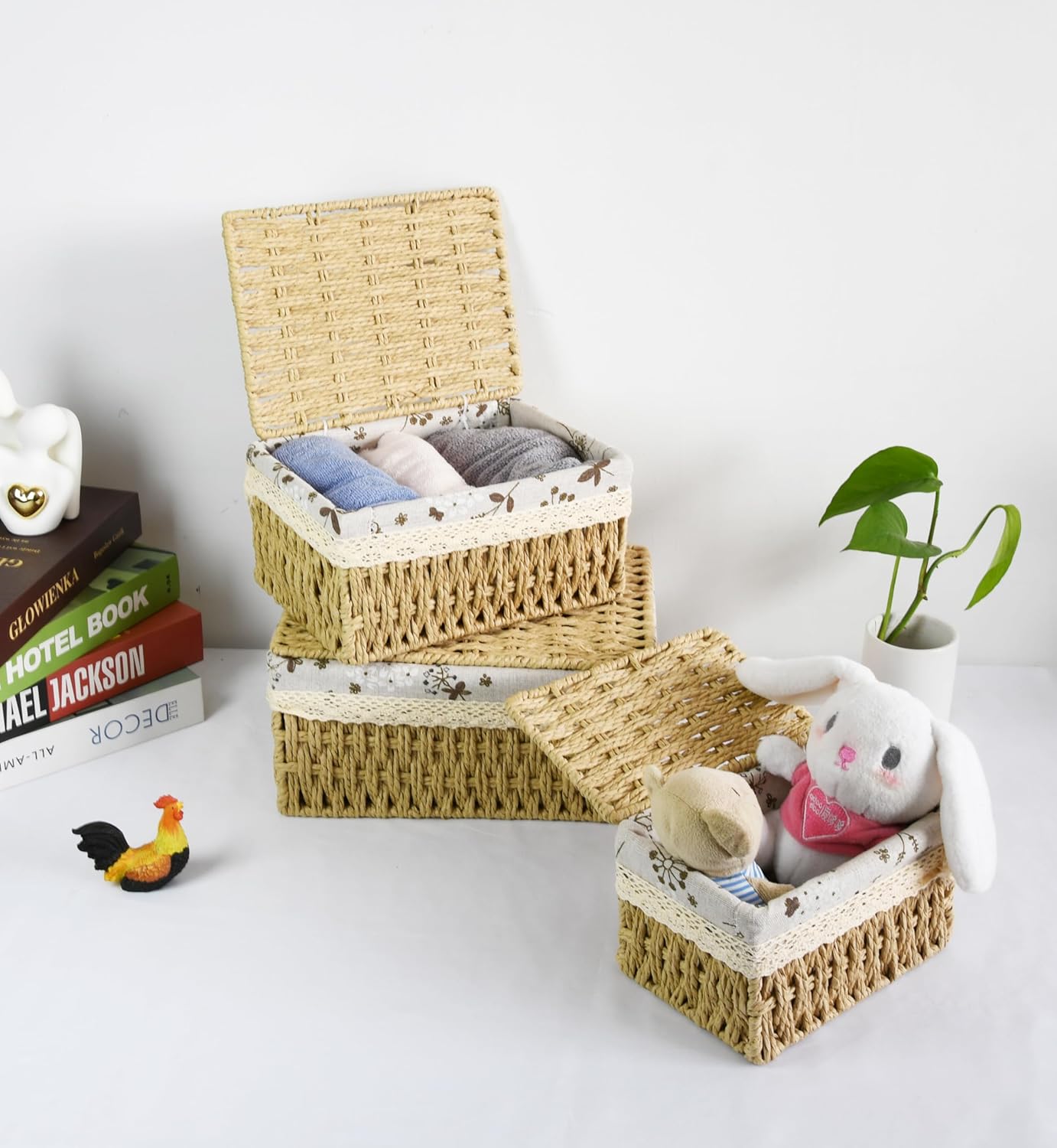 Decorative Paper Rope Storage Baskets with Lids [Set of 3] Hand-Woven Wicker Bins with Cotton Linen Floral Liner, Rectangular Lidded Organizers for Bathroom, Closet & Shelves, Warm Beige