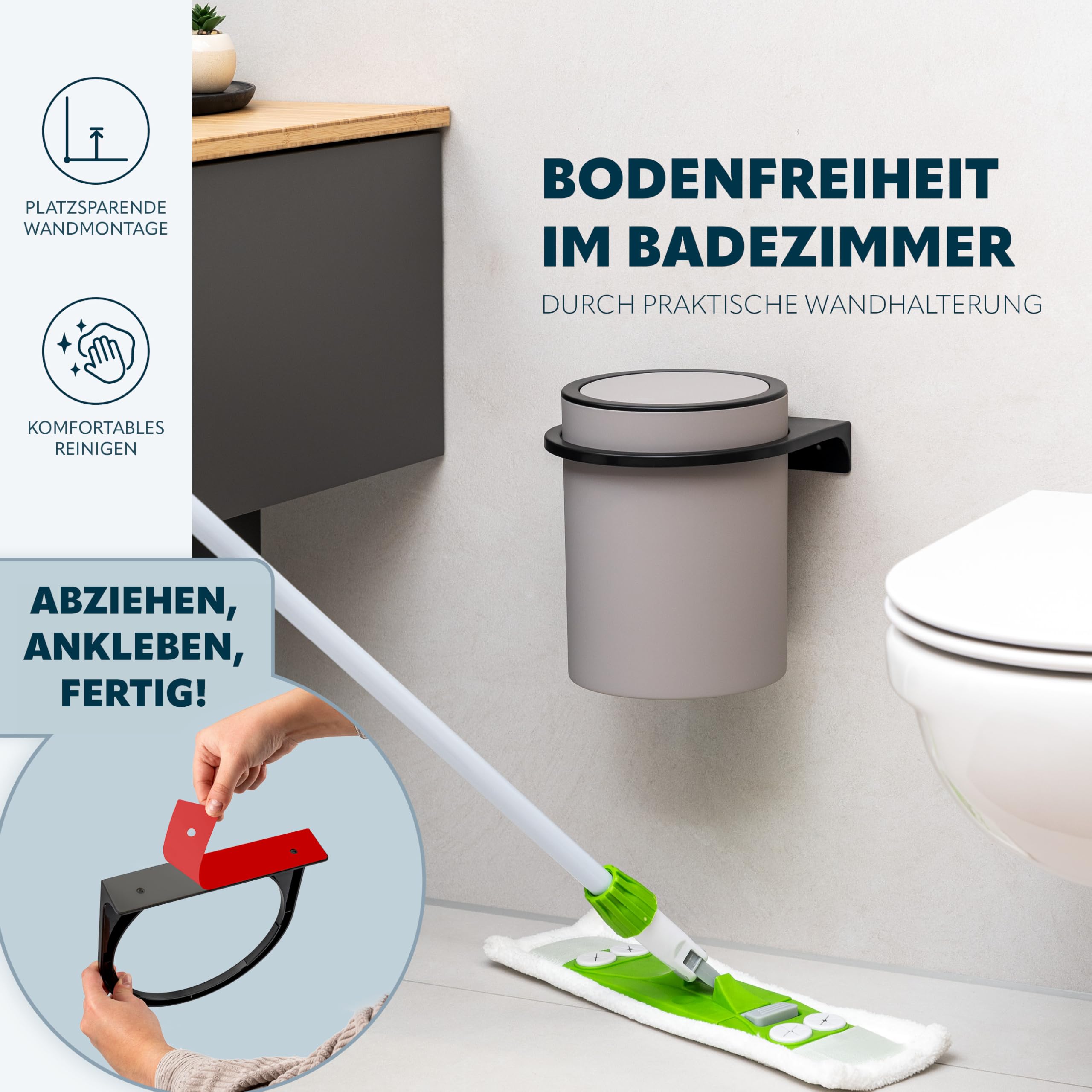 bremermann runder Kosmetikeimer SAVONA mit Softtouch-Oberfläche inkl. Wandhalterung zum Kleben oder Bohren mit Schwingdeckel, Abfalleimer aus Kunststoff, 5,5 Liter Fassungsvermögen (Taupe)