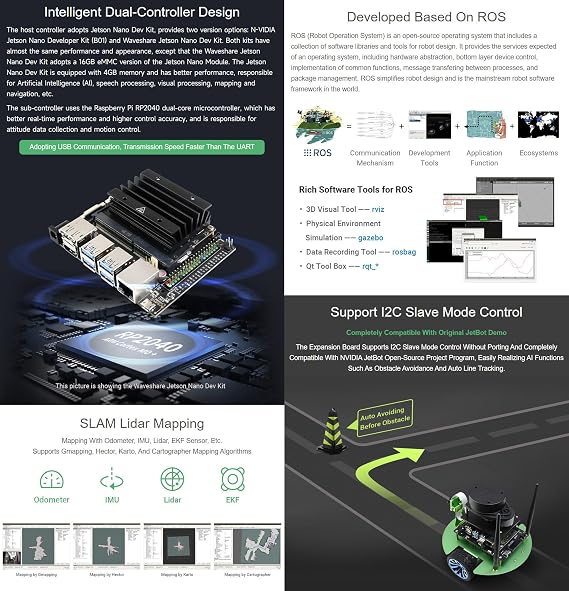 Waveshare JetBot Professional Version ROS AI Kit Compatible with the NVIDIA Jetbot Open-source Project Program AI Robot Lidar Mapping Vision Processing RP2040 Microcontroller Accessories Only