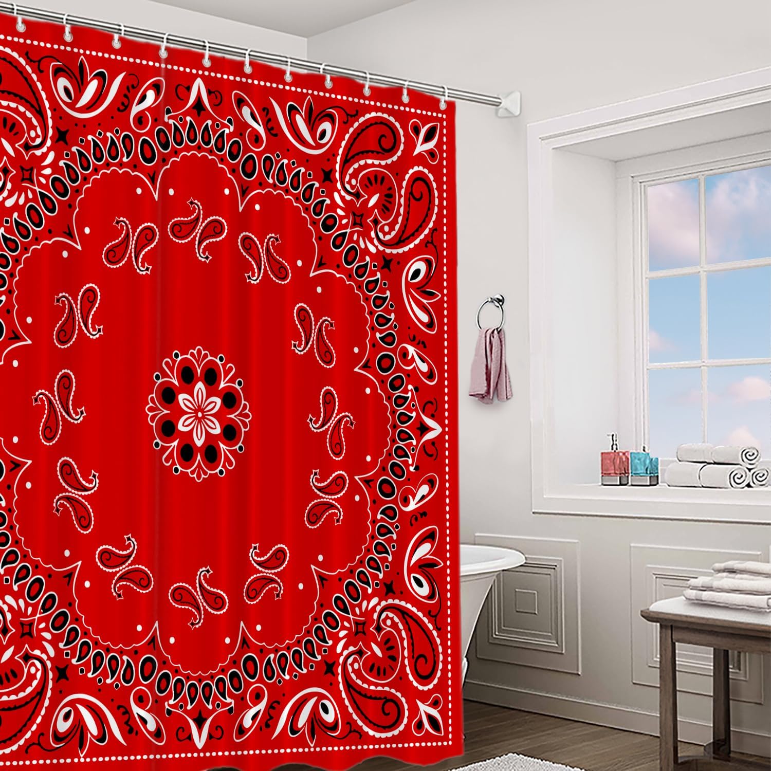 Red Paisley Bandana Decor Shower Curtain Set,Bandana with Red Paisley in The Middle Polyester Shower Curtain for Shower Stall Bathroom Waterproof with 12 Hooks 72x72 Inch
