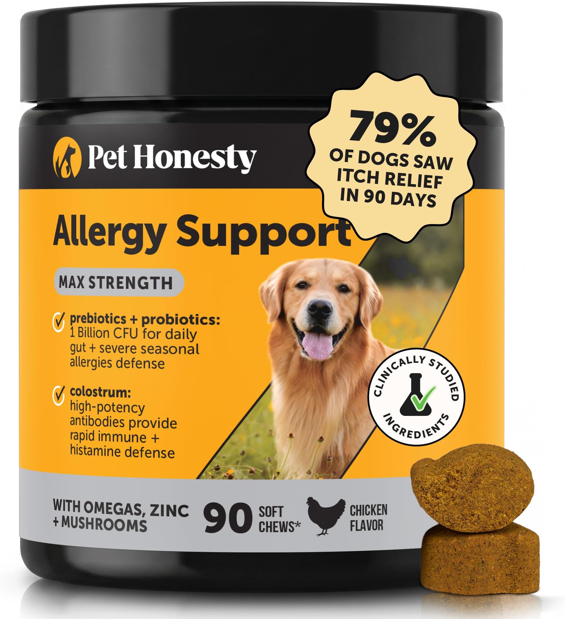Max Strength Dog Allergy Relief Immunity Chews - Extra Strength Itch Relief - Paw Chewing, Licking & Scratching - Severe Seasonal Allergies Support with Colostrum, Zinc & Mushrooms (Chicken, 90 Ct)