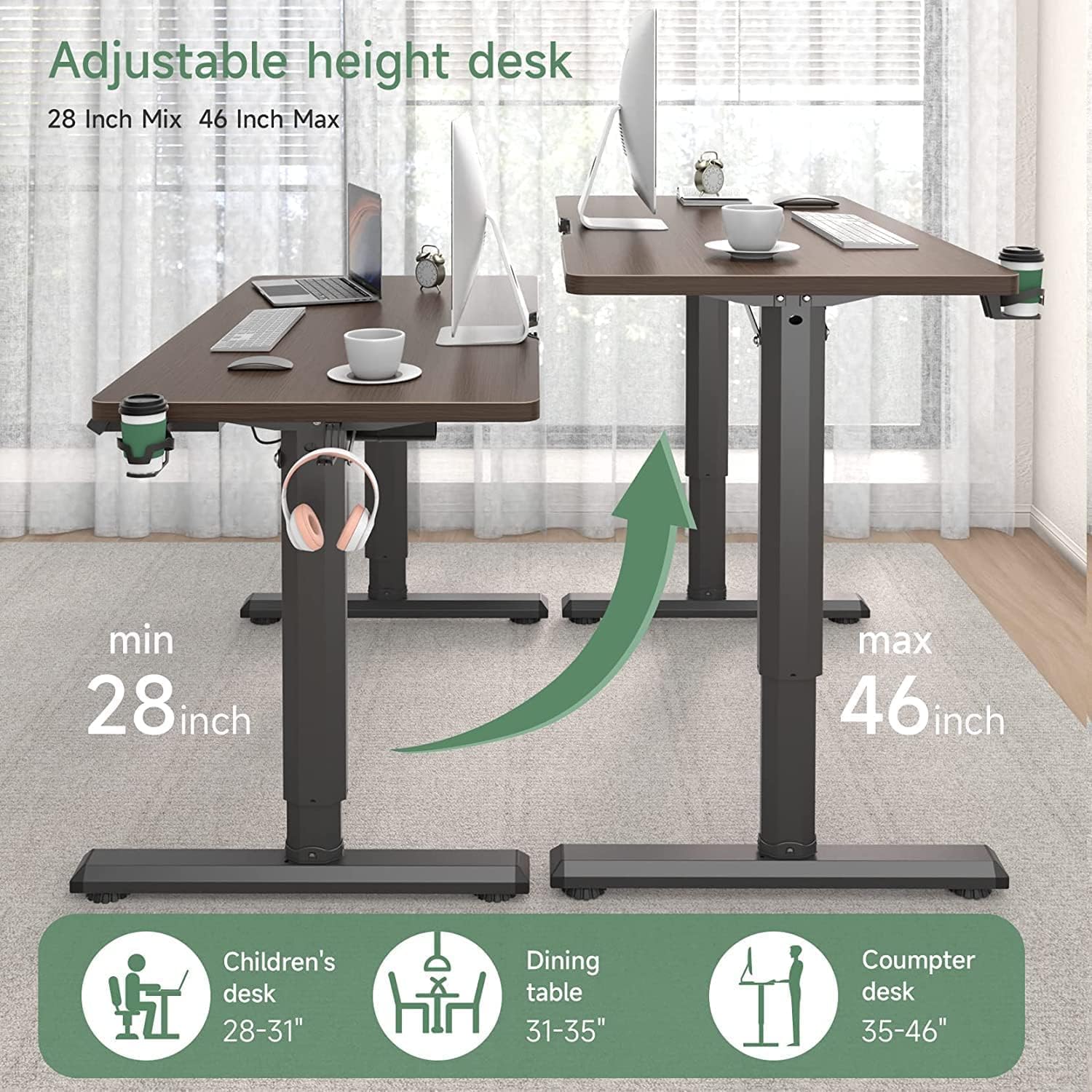 Two desks illustrating minimum and maximum adjustable heights