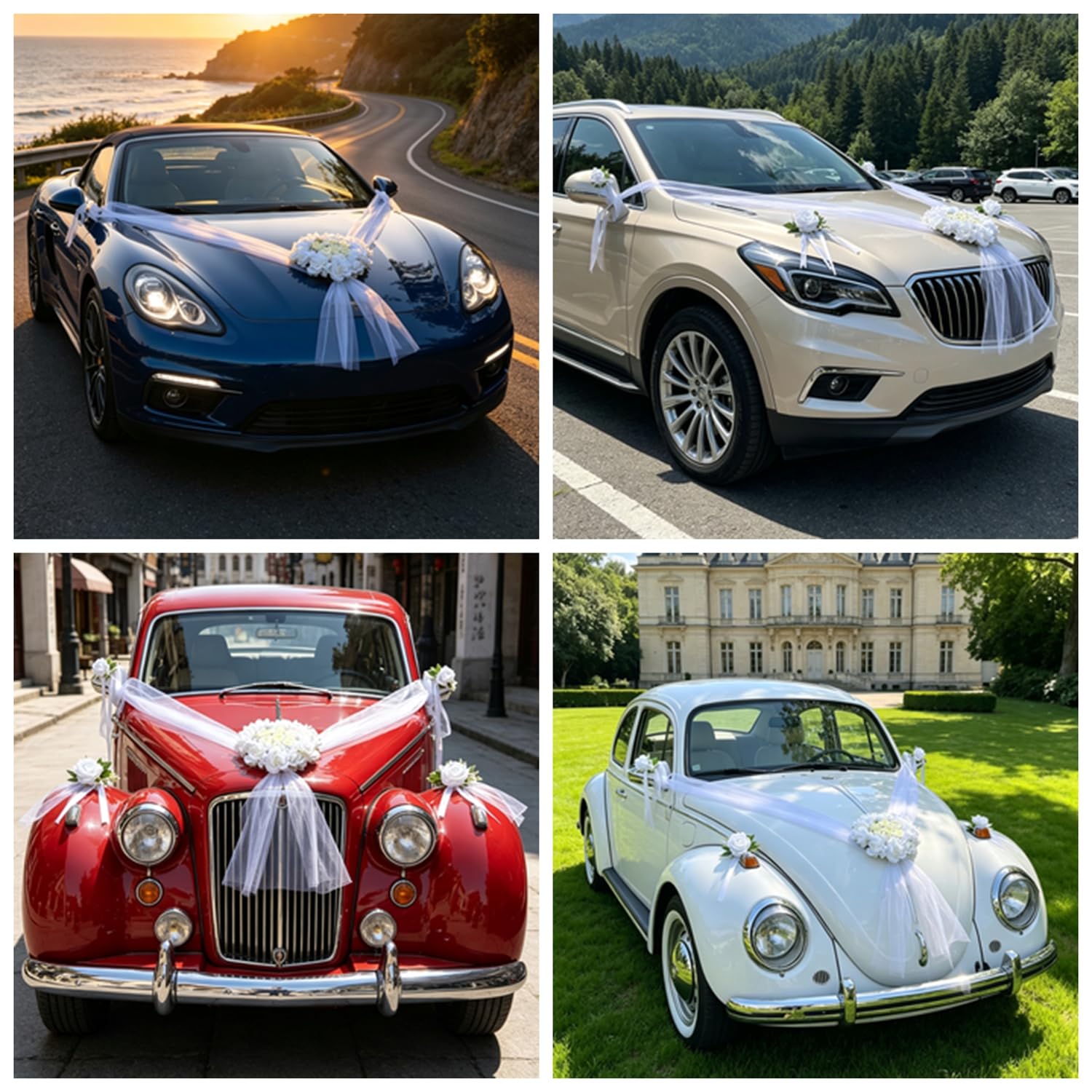 Autoschmuck Hochzeit Auto Schmuck Braut mit Band und Kabelbindern Wedding Girlande Auto Hochzeitsschmuck Rückspiegel Deko Blumen Hochzeitsauto Dekoration für Hochzeitsfeier Weiß 2 Stück
