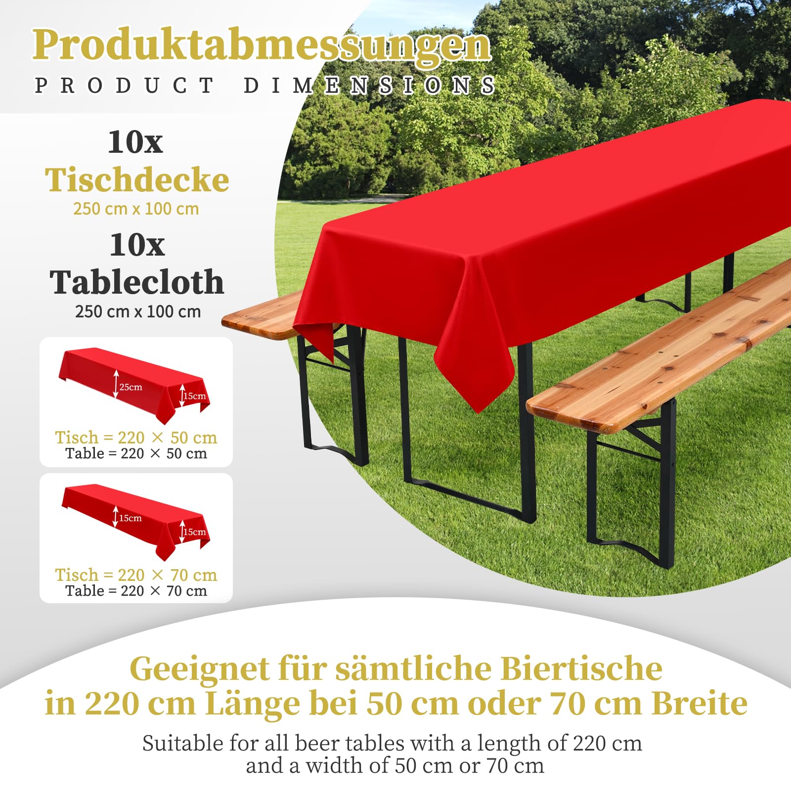 10 manteles rectangulares para mesa de 50-70 cm de ancho, color rojo, 100 x 250 cm, para muebles de jardín