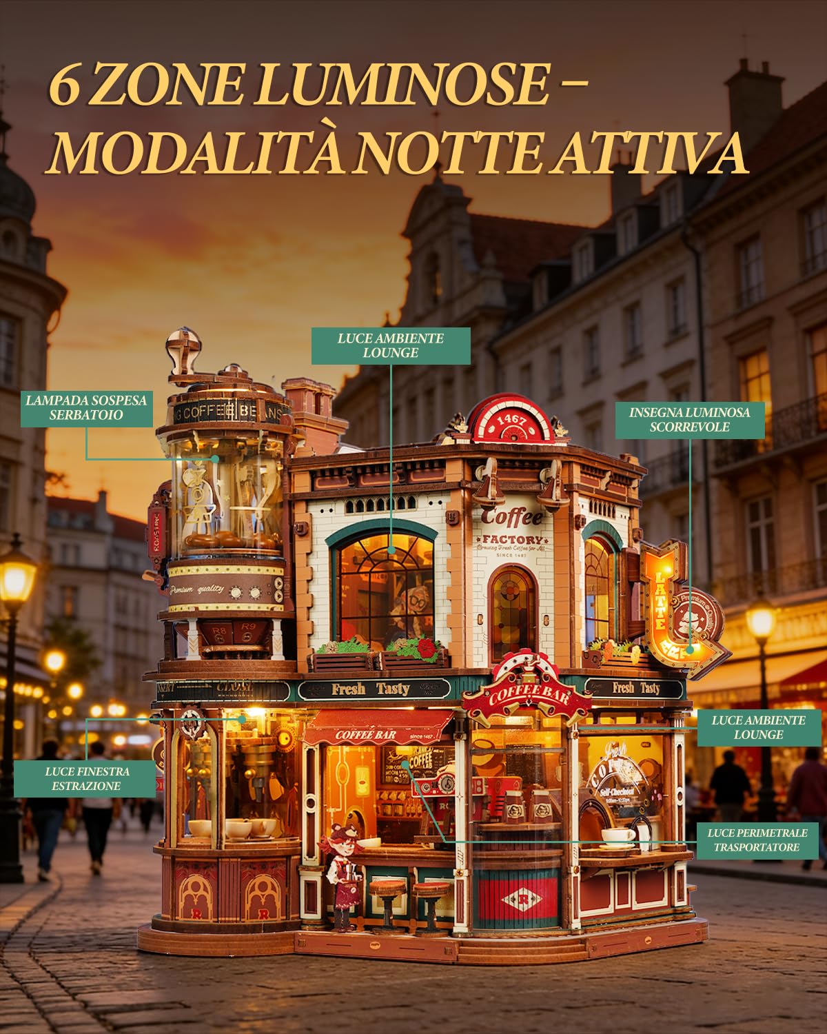 ROKR Puzzle 3D Legno Dream Coffee Factory,Caffè all'Angolo Modellismo da Costruire,Regali DIY Fatti a Mano per Adulti,EAB02