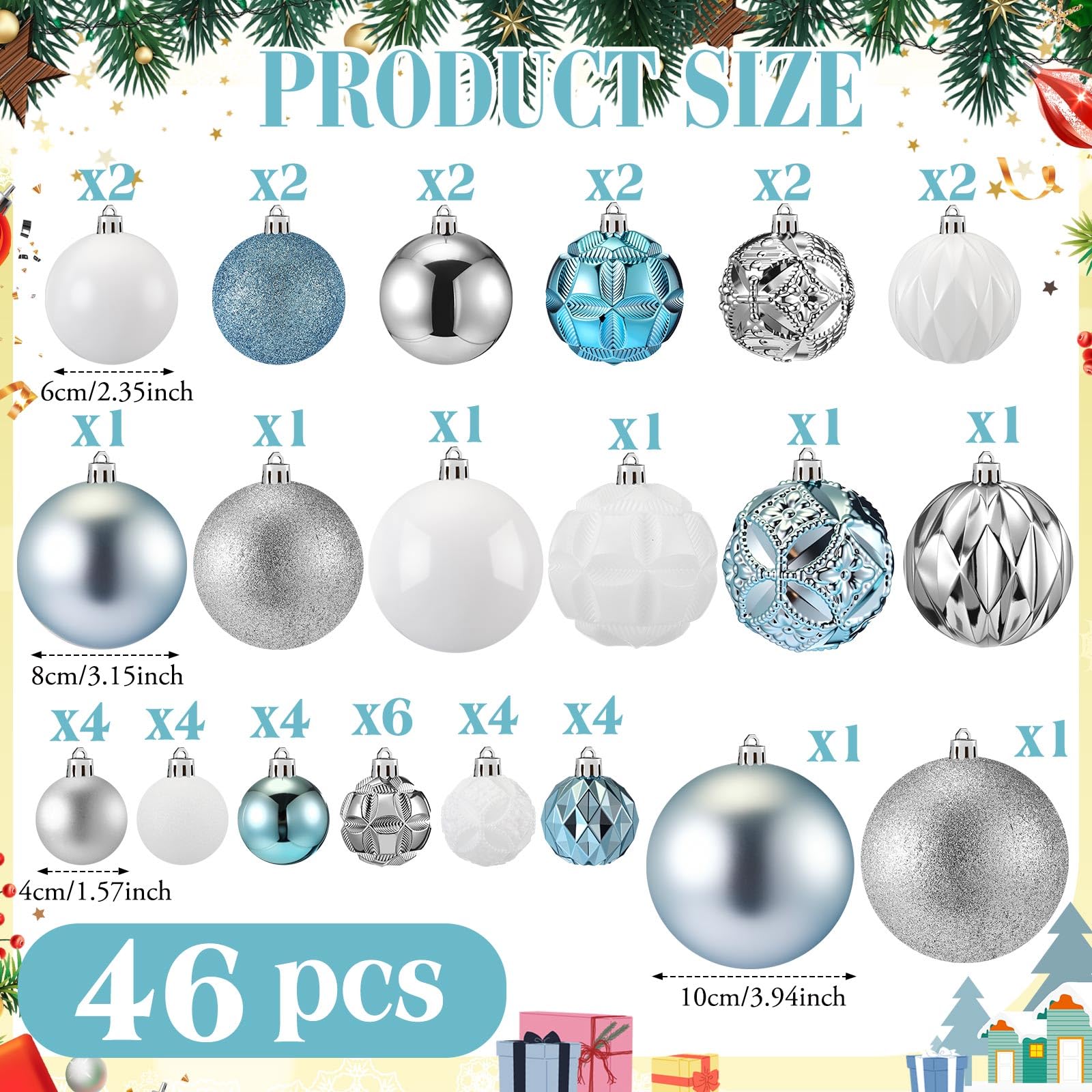 Soulchen Weihnachtskugeln-Set, mehrfarbig, bruchsicherer Kunststoff, hängende Kugeln in 4 Größen für Weihnachtsbaum-Dekoration (Blau, Silber, Weiß), 32-teilig