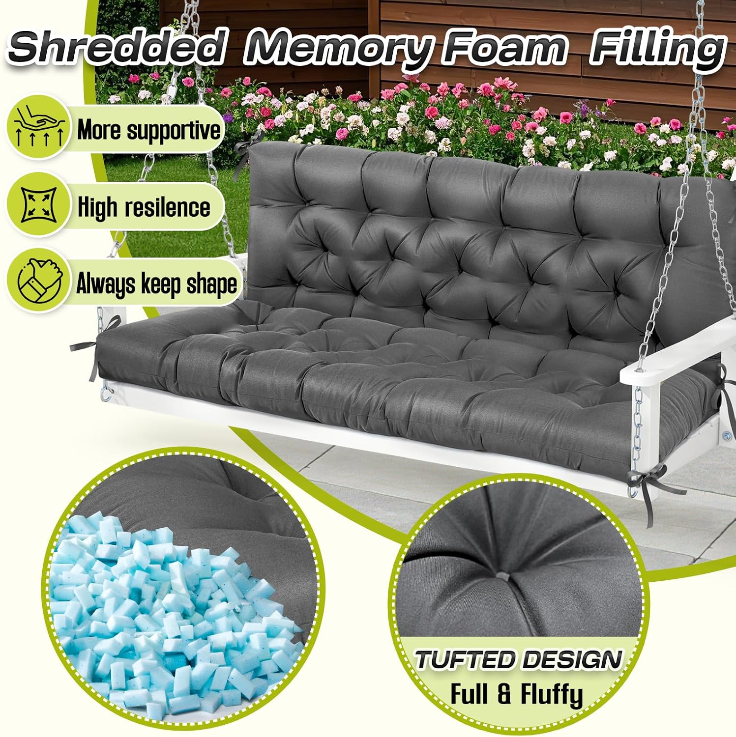 1 MIDDLE ONE Porch Swing Cushions, Memory Foam Outdoor Replacement Cushion for Patio Swing Furniture, Water-Resistant 3 Seat Bench Swing Cushion, 60x40 Inch (Grey)
