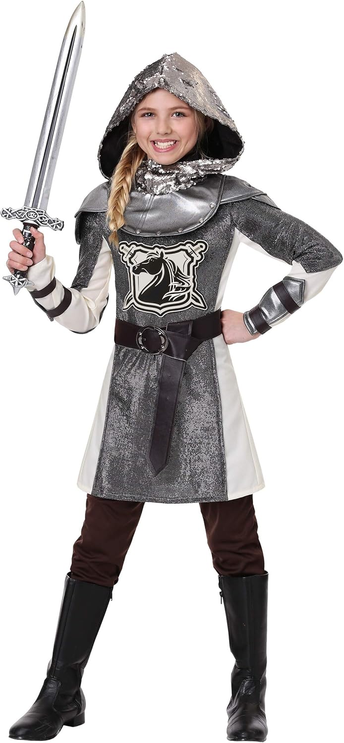 Medieval Knight Girl's Costume - Tunic, Armor, Hood, and Gauntlets with Belt - Image 2