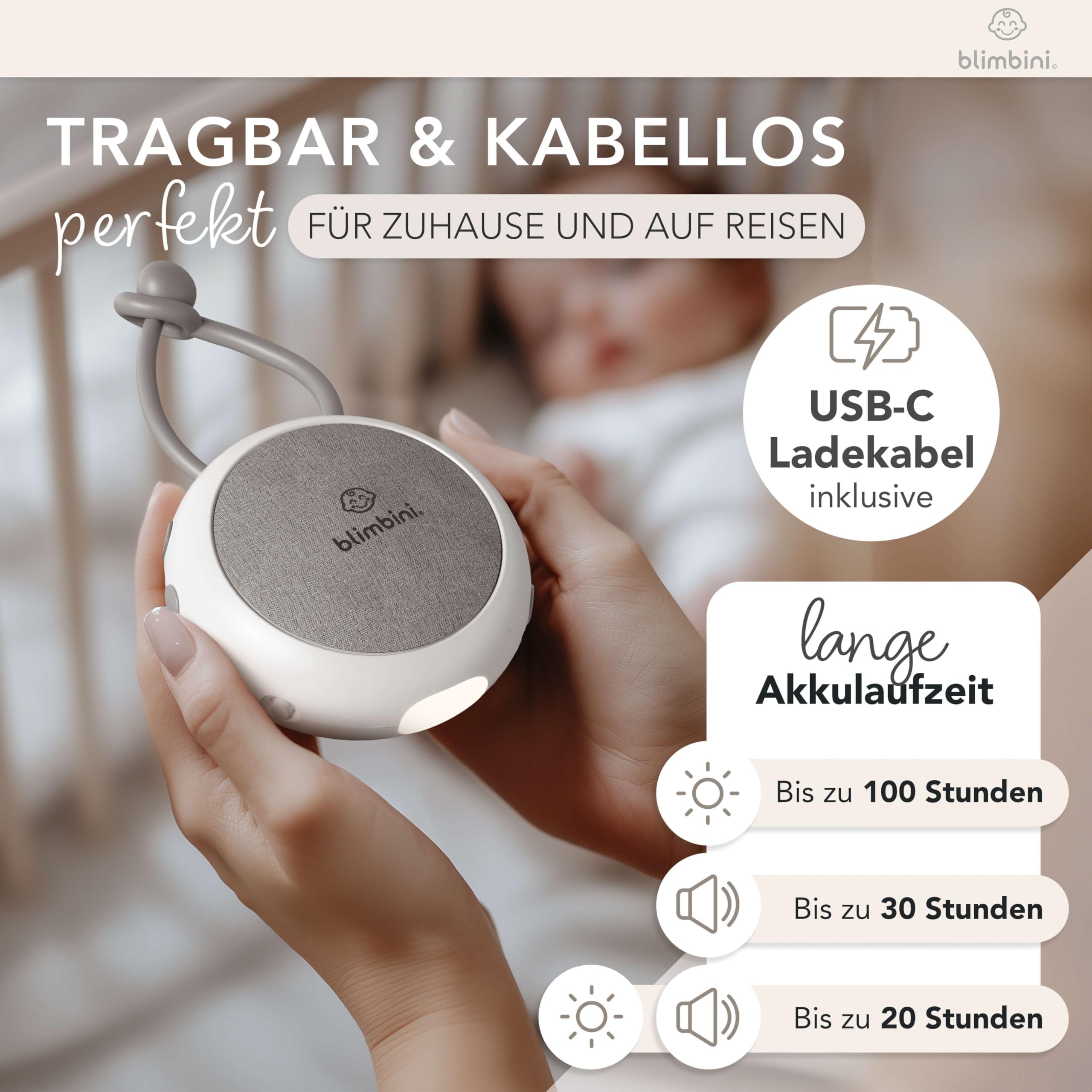 White Noise Machine Baby - Einschlafhilfe für Babys mit Nachtlicht - Regengeräusche zum Einschlafen, Meeresrauschen & Einschlafmusik - Sound Machine für unterwegs - weißes Rauschen Baby