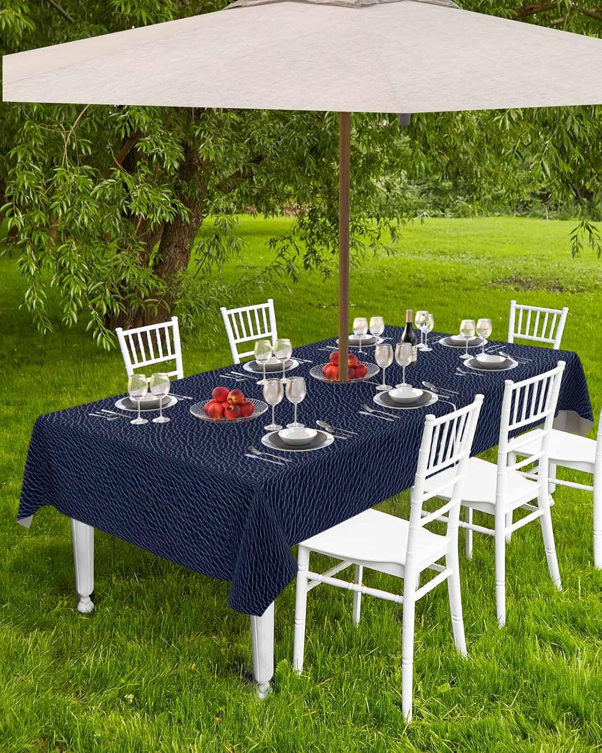 Outdoor Tablecloth with Umbrella Hole and Zipper 60 x 84 Inch Blue Leather Texture Vintage Classic Table Cover for Rectangular Tables Waterproof Tabletop Collection for Patio Garden Picnic Camping