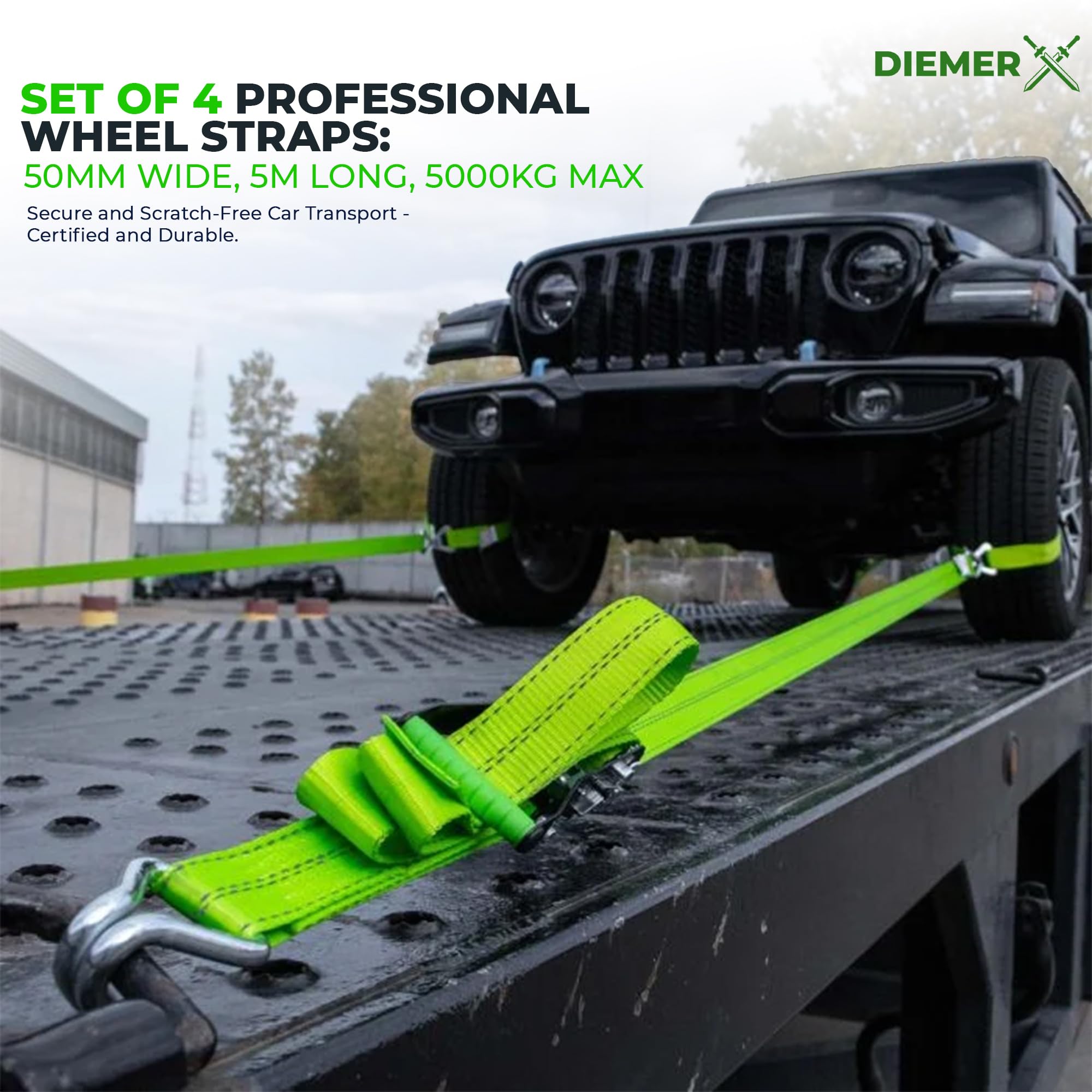DIEMER® Set di cinghie per rimorchio e auto, con cricchetto, per veicoli di recupero, 5000 kg, 4 pezzi