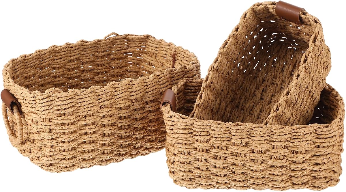 Paquete de 3 cestas de almacenamiento de cuerda de papel reciclado, cestas tejidas a mano con aspecto de mimbre para organizar, estantes pequeños y contenedores de gabinete para baño, dormitorio, decoración del hogar, color marrón