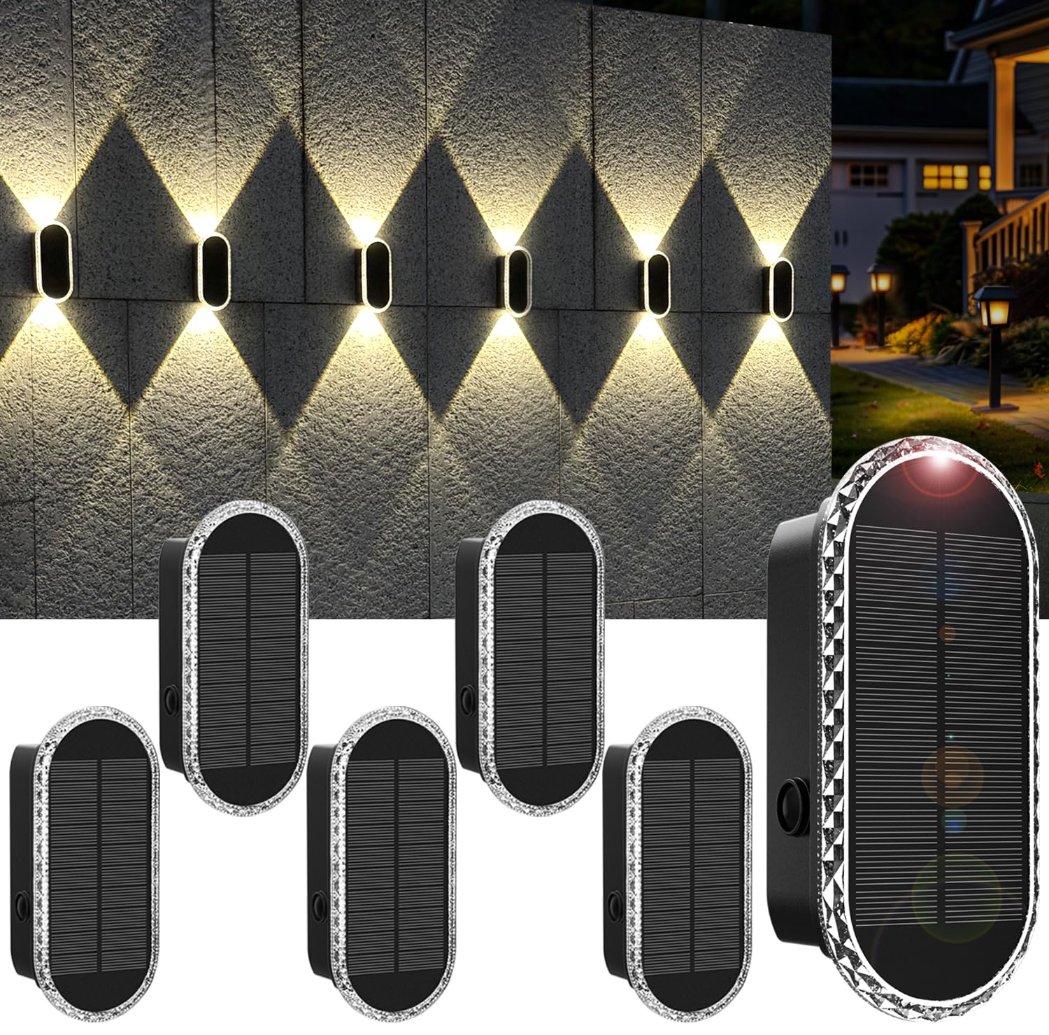 Solar Fence Lights Outdoor, 3000K/4000K/6000K 3 Modes Solar Wall Lights Outdoor Waterproof, Up&Down Dual-Head Outdoor Solar Lights for Yard, Backyard Deck Garden Garage House Patio Porch, 6 PK