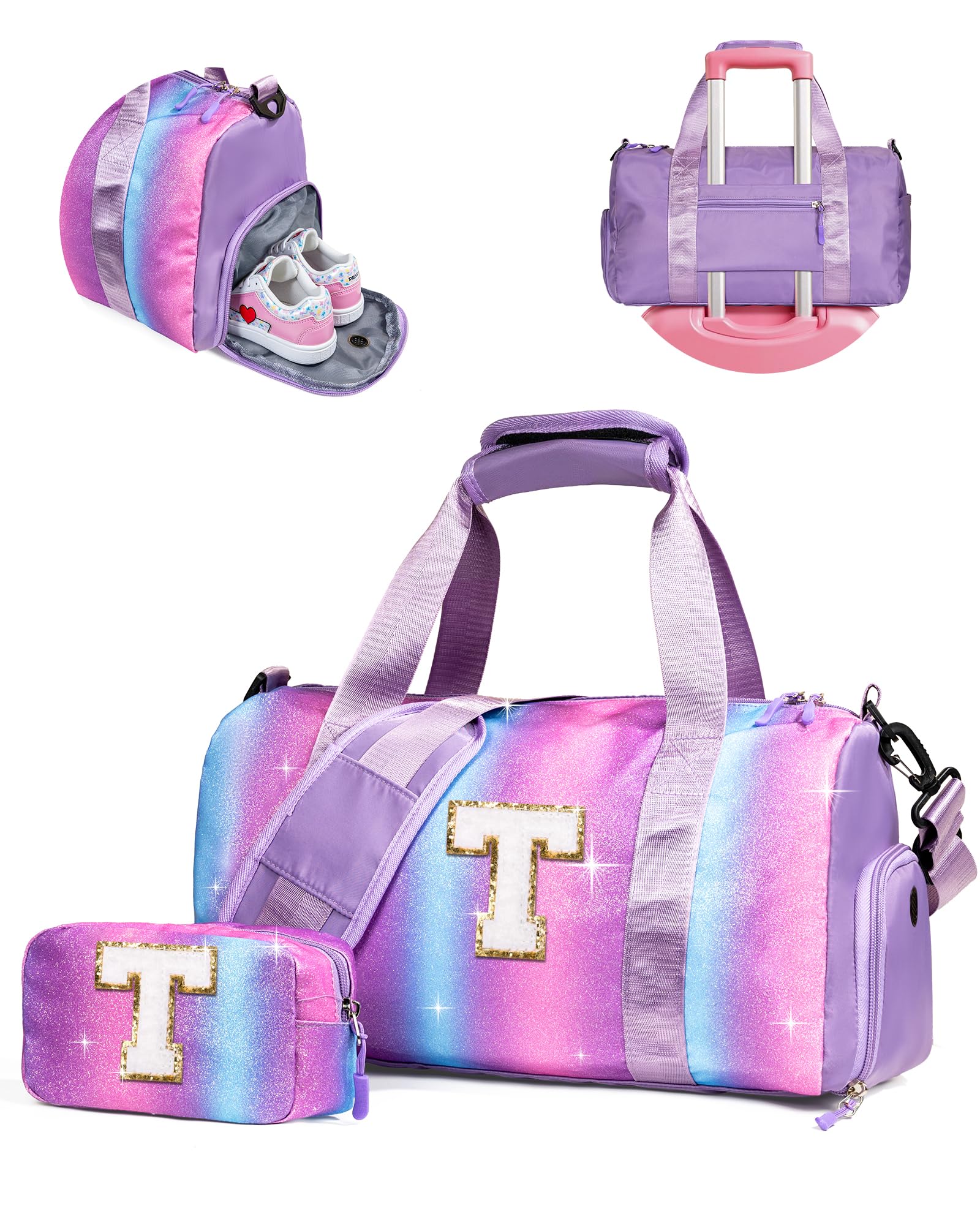 Vogewood Cute Bags for Girls-Girl Gym Bag with Shoe Compartment, Kid Personalized Weekender Overnight Bags, Initial Travel Tote with Makeup Pouch,