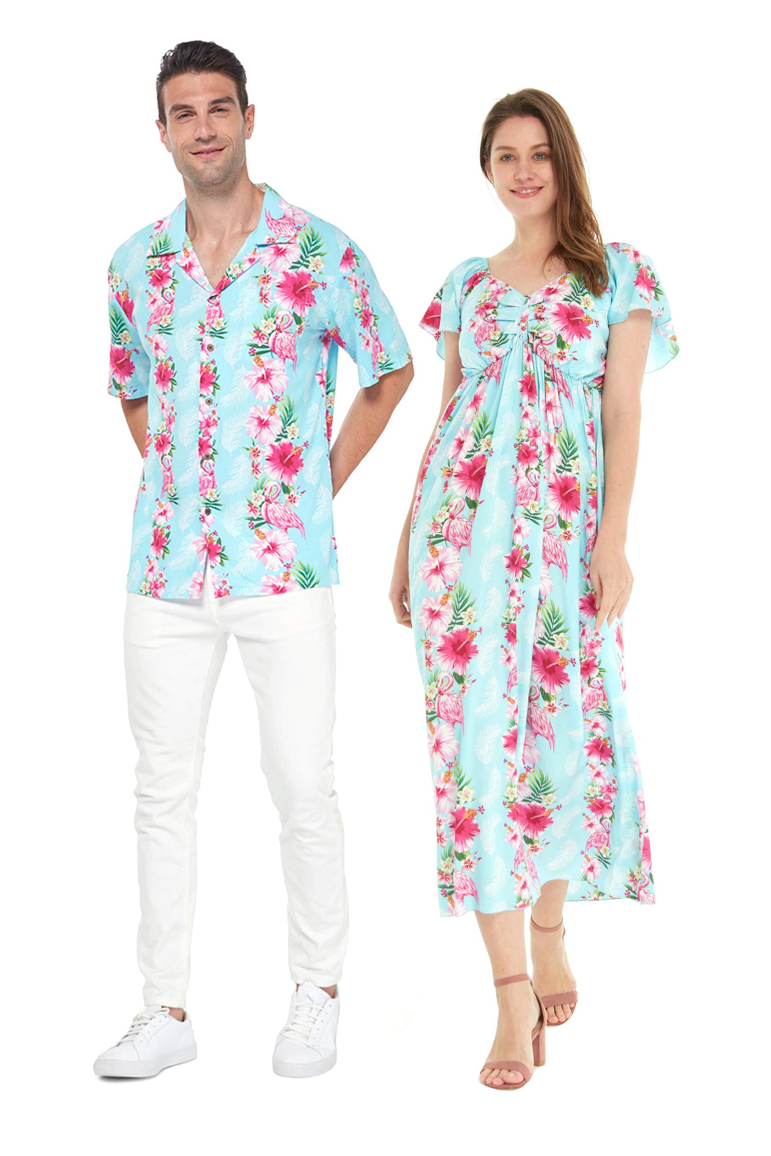 Matchable Couple Hawaiian Luau Shirt or Rahee Maxi Dress in Pink Black Hibiscus Vine