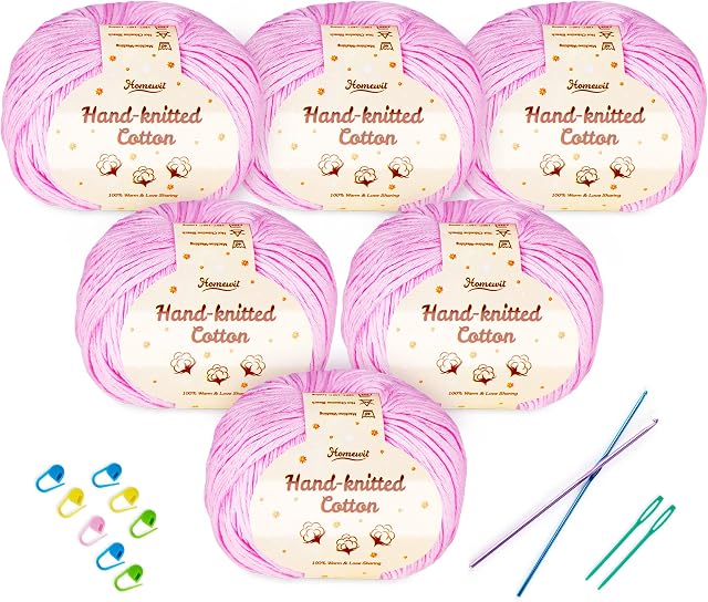 Natural Cotton Yarn Set, 6 x 50g Super Soft Crochet Yarn for Knitting, Premium Baby Cotton Yarn for Crochet with Crochet Hooks for Garments, Furnishings, Weaving, Yarn Projects Handcrafts (Pink)