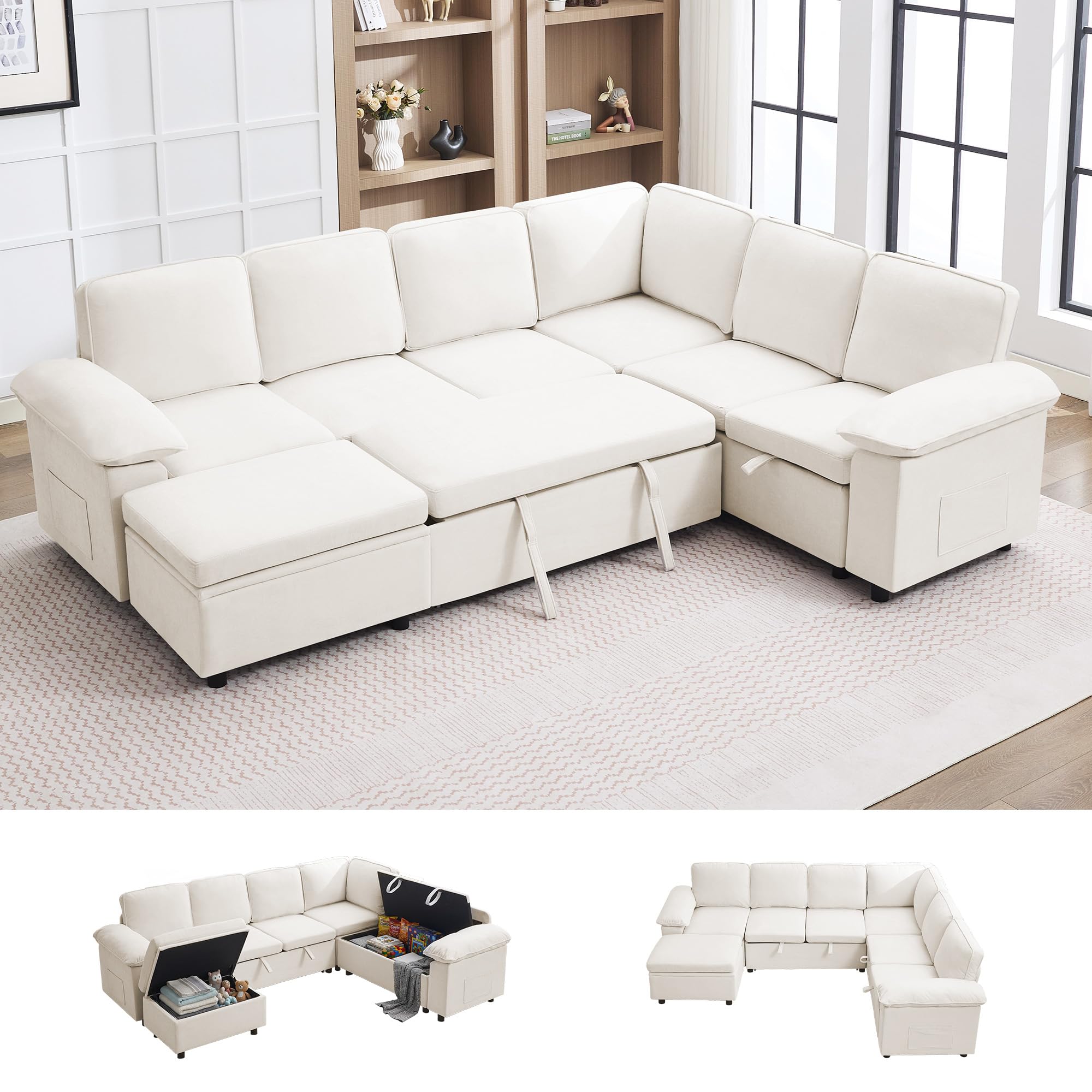 108" Modular Sectional 6 Seater Couch with Pull Out Bed & Storage Ottoman, Modern L Shape Sleeper Convertible Sofa Bed With Storage, Chenille Couches for Living Room, Bedroom, Apartment?Beige (Box 4/4 only)