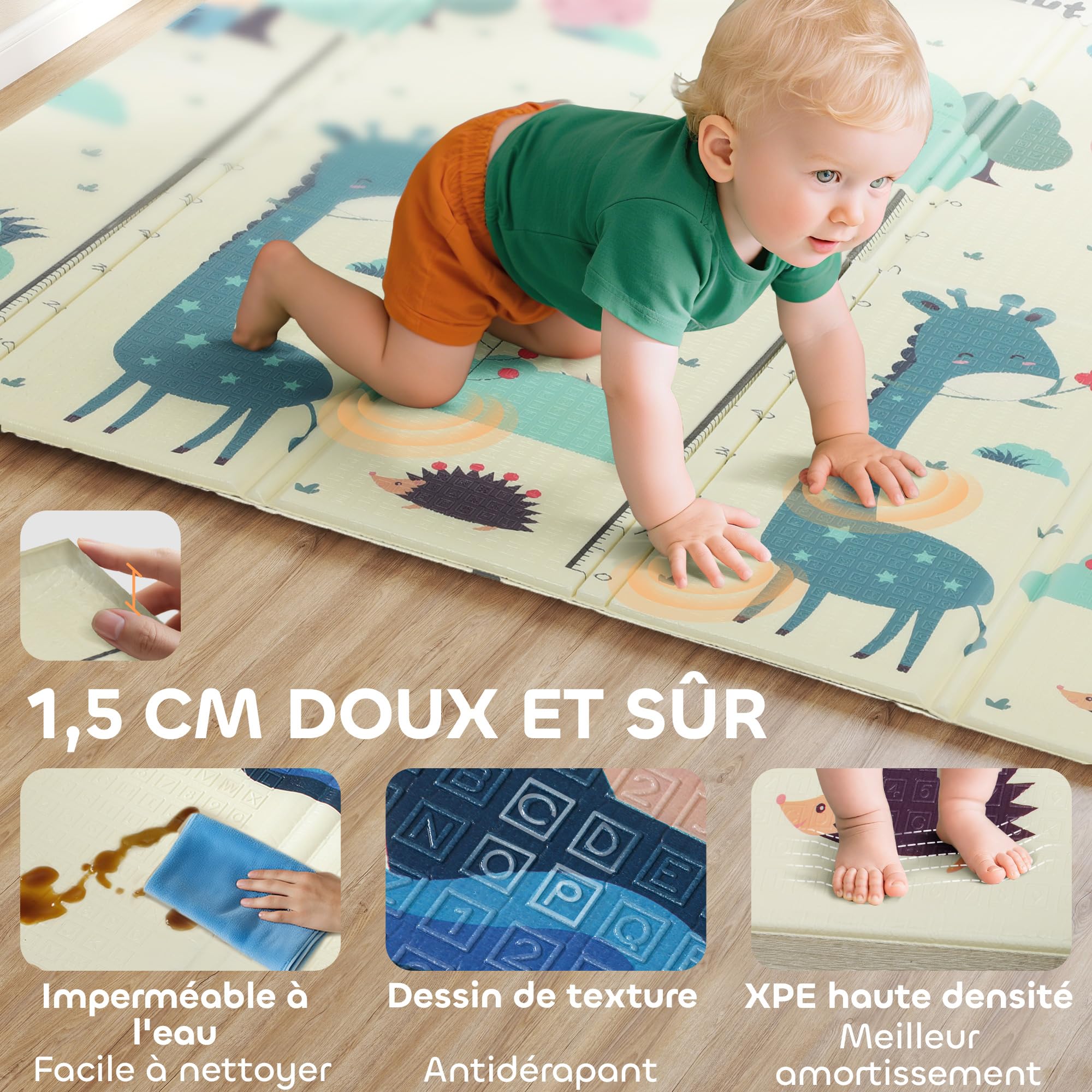 AIYAPLAY Tapis de Jeu pour Bébé Pliable Cerf et baleine 196x176x1,5cm | Réversible, Tapis de Sol en Mousse Épais, Antidérapant, Imperméable, Développement Sensoriel