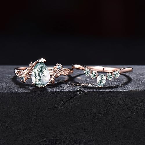 Miniatura 5 de Teardrop Natural Moss Agate Engagement Ring 1.25ct Pear Nature Inspired Wedding Ring Green Aquatic Agate Bridal Set Leaf Vine Branch Alexandrite