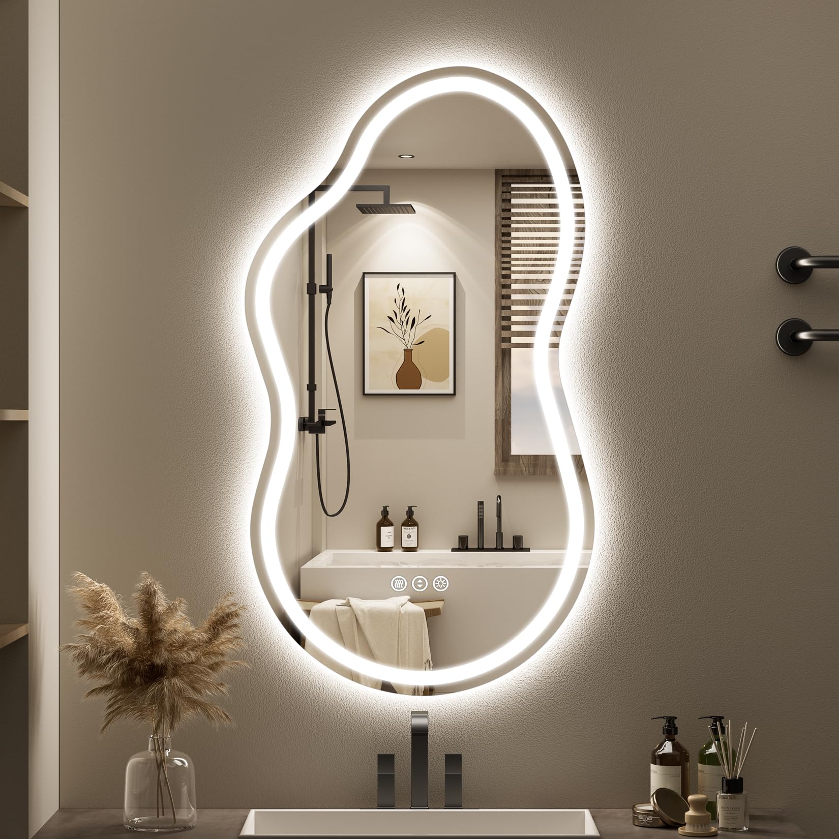20x36 Asymmetrical LED Bathroom Mirror Backlit &amp; Front Lit Anti-Fog | Irregular Cloud Lighted Vanity Mirror, Dimmable, 3-Color Light, Memory, CRI95, Tempered Glass, UL Listed, Horizontal/Vertical