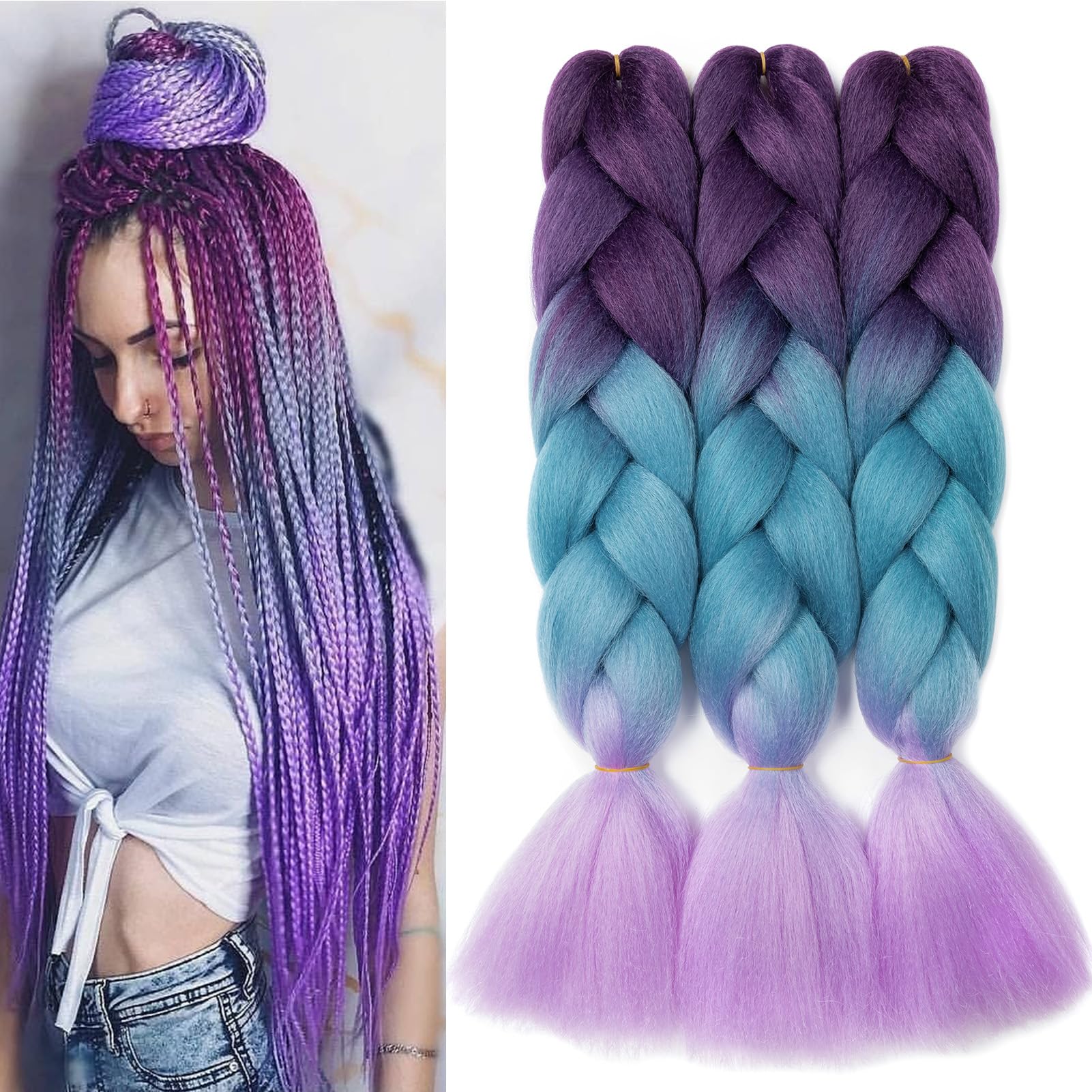 Dcbaboo Extensiones para Trenzas Africanas 60cm Pelo para Trenzas Africanas 3PCS Ombre Extensiones de Pelo Sintético para Trenzas Postizas Trenzado de Extensiones, Morado & Lago azul & Violeta claro