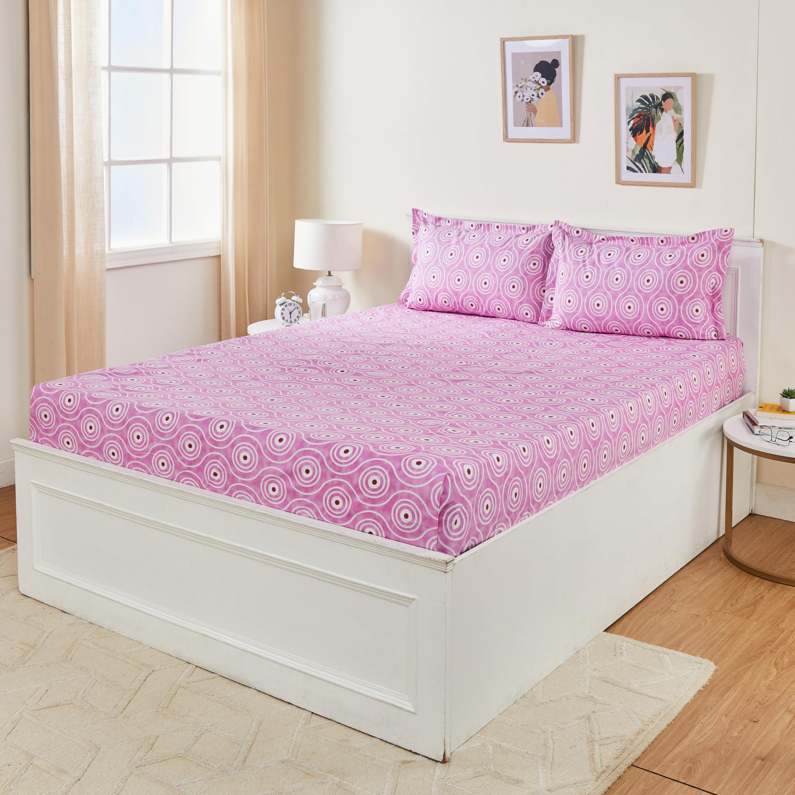 Amazon Brand - Solimo Geometric 144 TC Cotton Double Bedsheet with 2 Pillow Covers|90x100| Pink